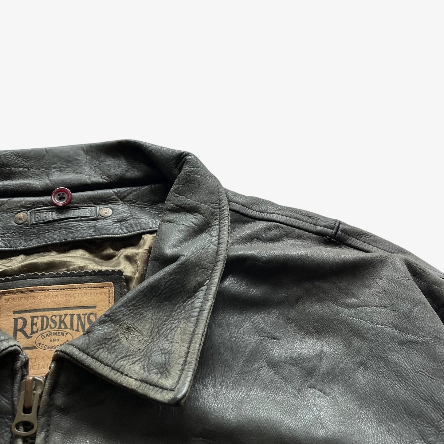 Vintage 90s Mens Redskins Black Leather Pilot Jacket With Velcro USA Patch Collar - Casspios Dream