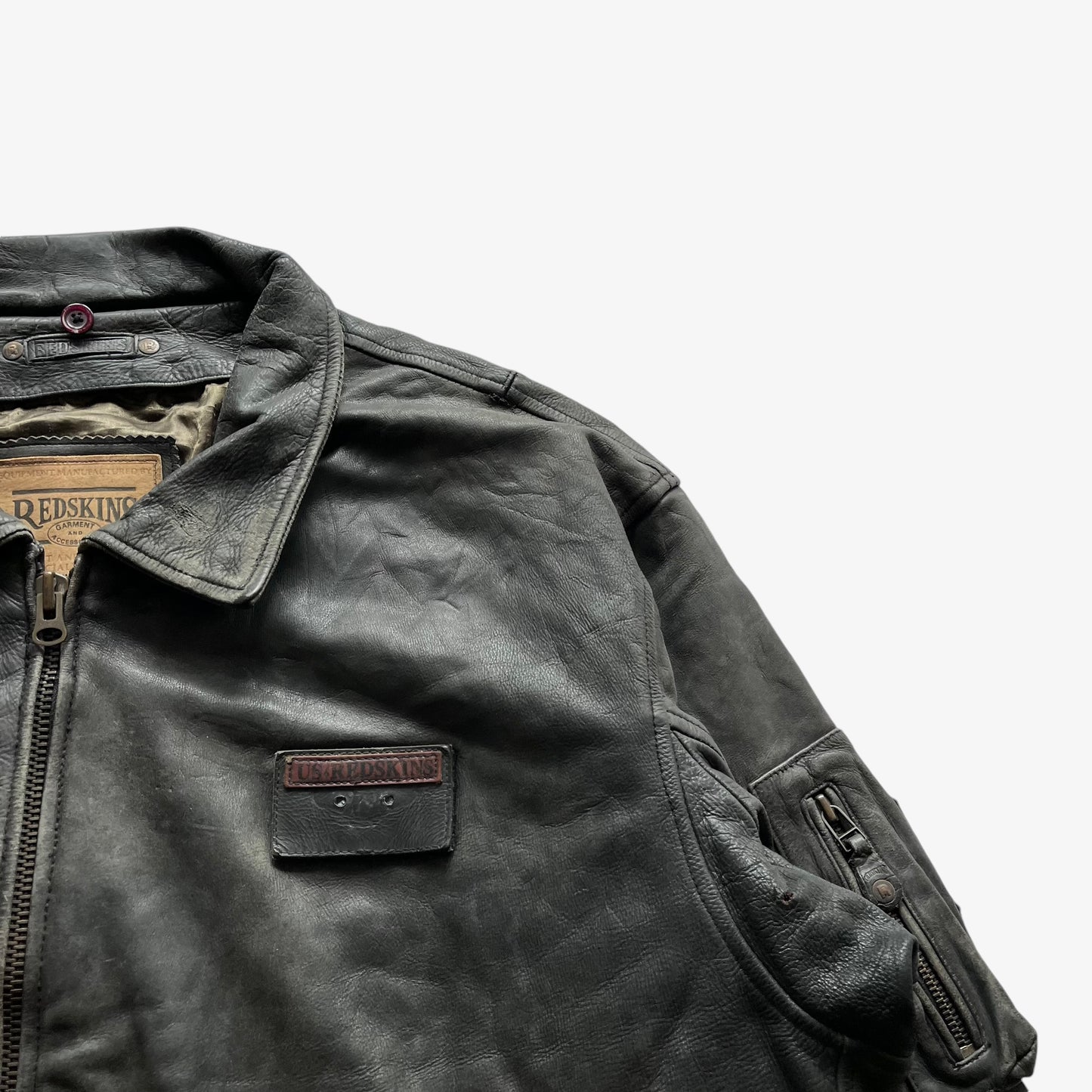 Vintage 90s Mens Redskins Black Leather Pilot Jacket With Velcro USA Patch Squadron - Casspios Dream