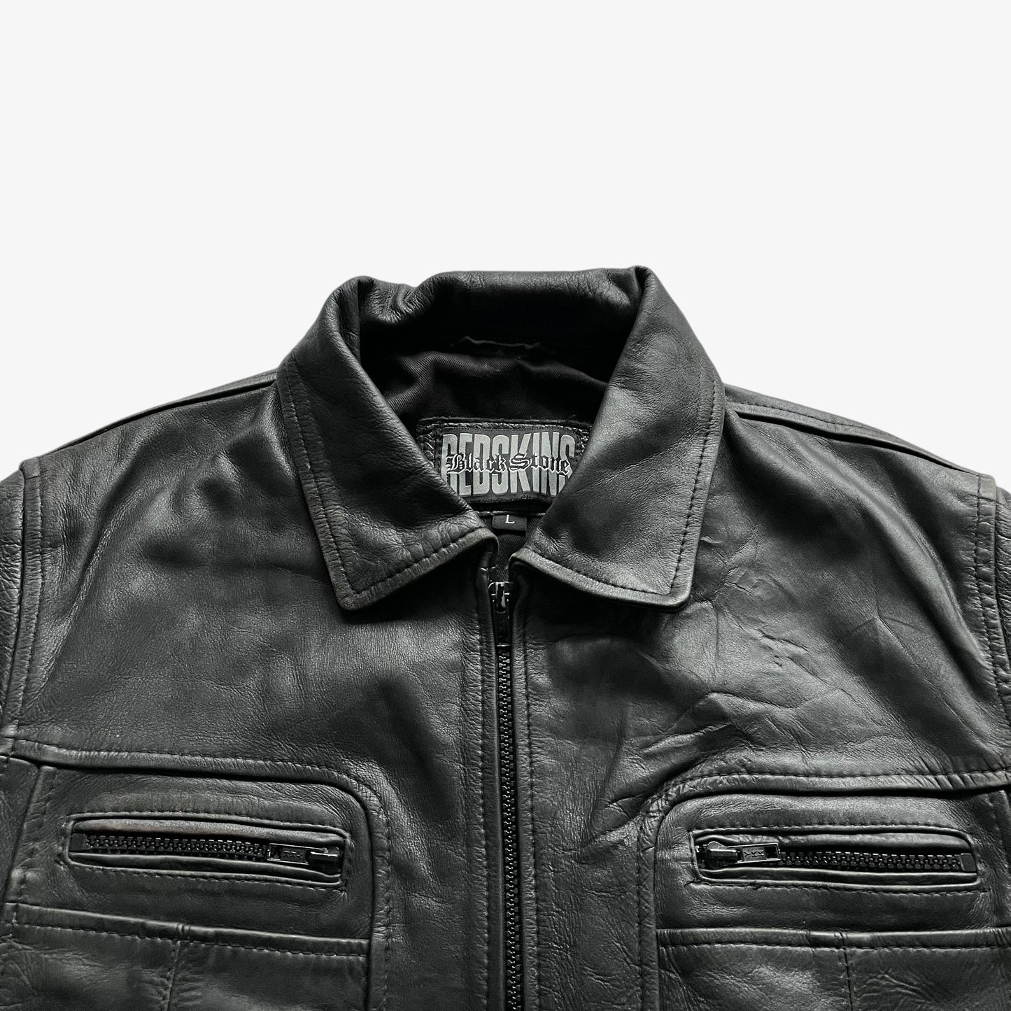 Vintage 90s Mens Redskins Black Stone Leather Pilot Jacket Collar - Casspios Dream