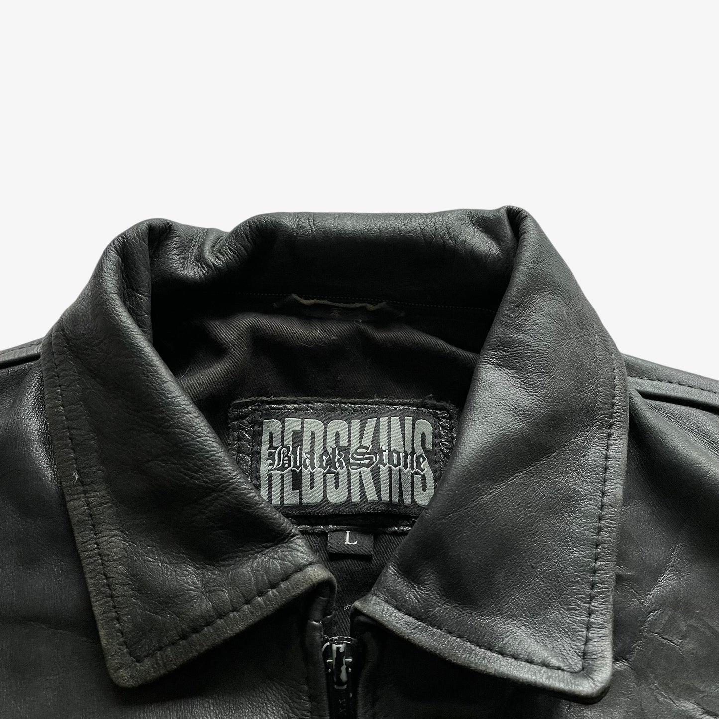 Vintage 90s Mens Redskins Black Stone Leather Pilot Jacket Label - Casspios Dream