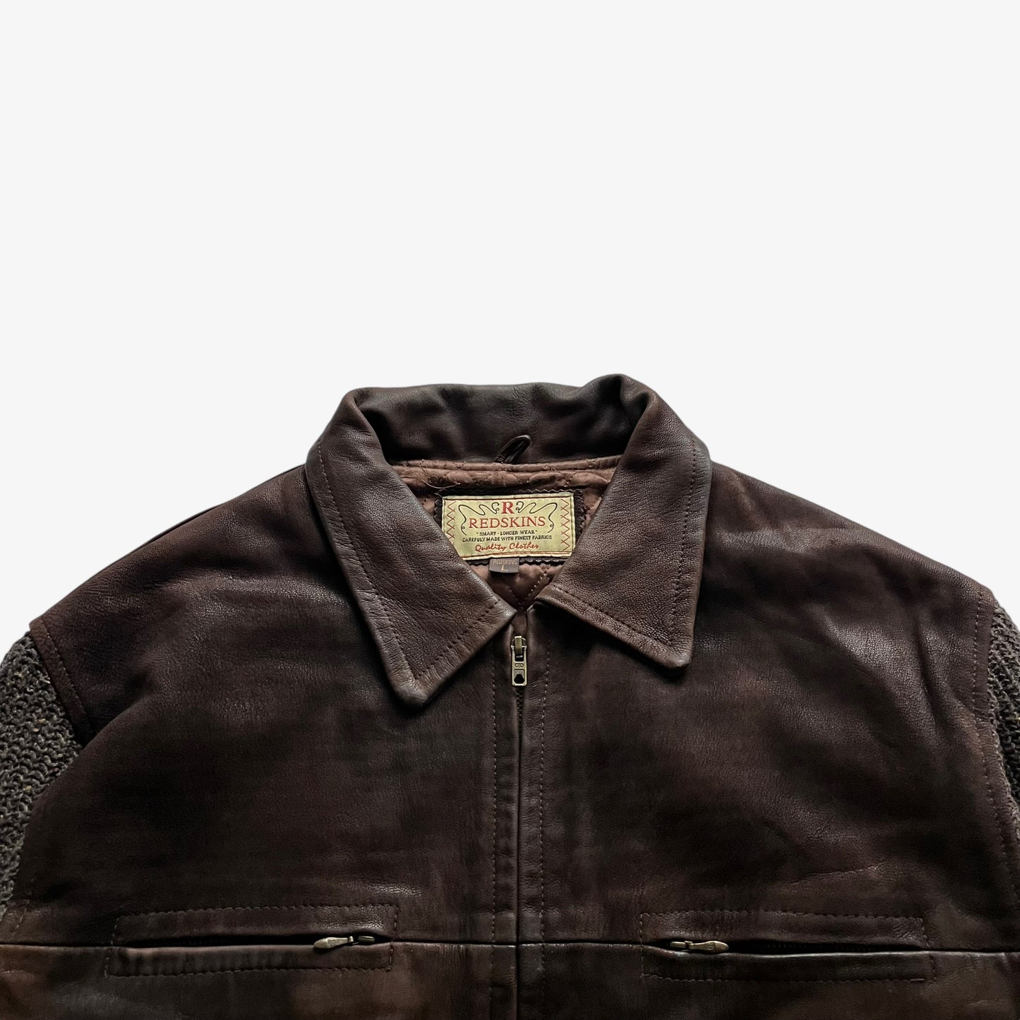 Vintage 90s Mens Redskins Brown Leather Jacket With Knitted Back And Sleeves Collar - Casspios Dream