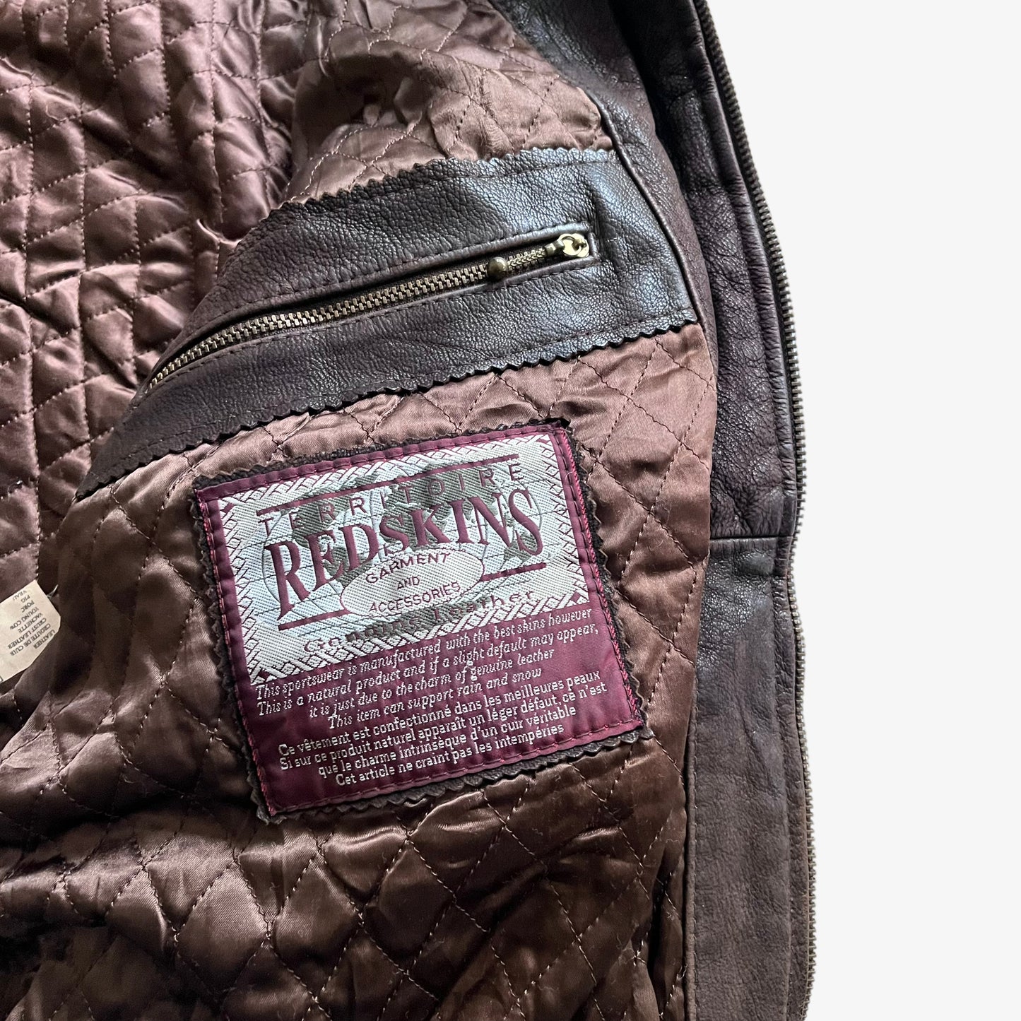 Vintage 90s Mens Redskins Brown Leather Jacket With Knitted Back And Sleeves Inside Label - Casspios Dream