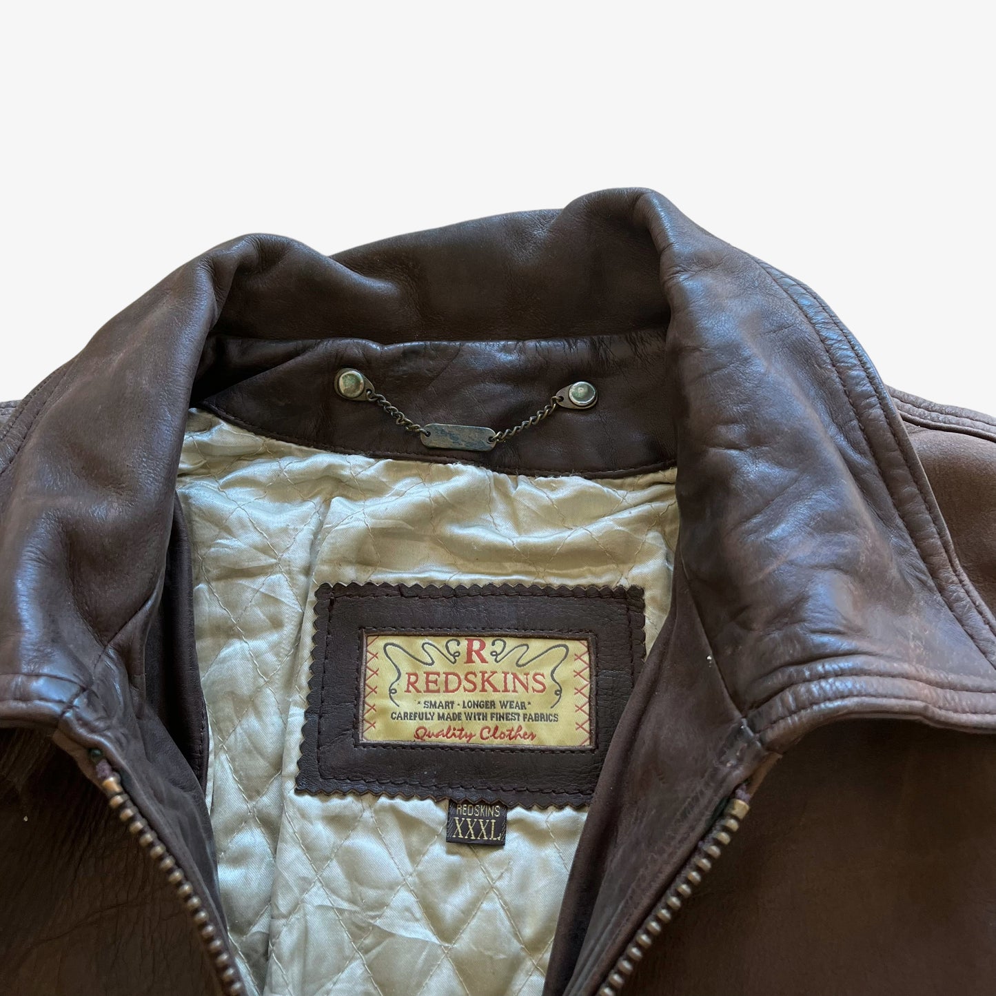 Vintage 90s Mens Redskins Brown Leather Pilot Jacket Label - Casspios Dream