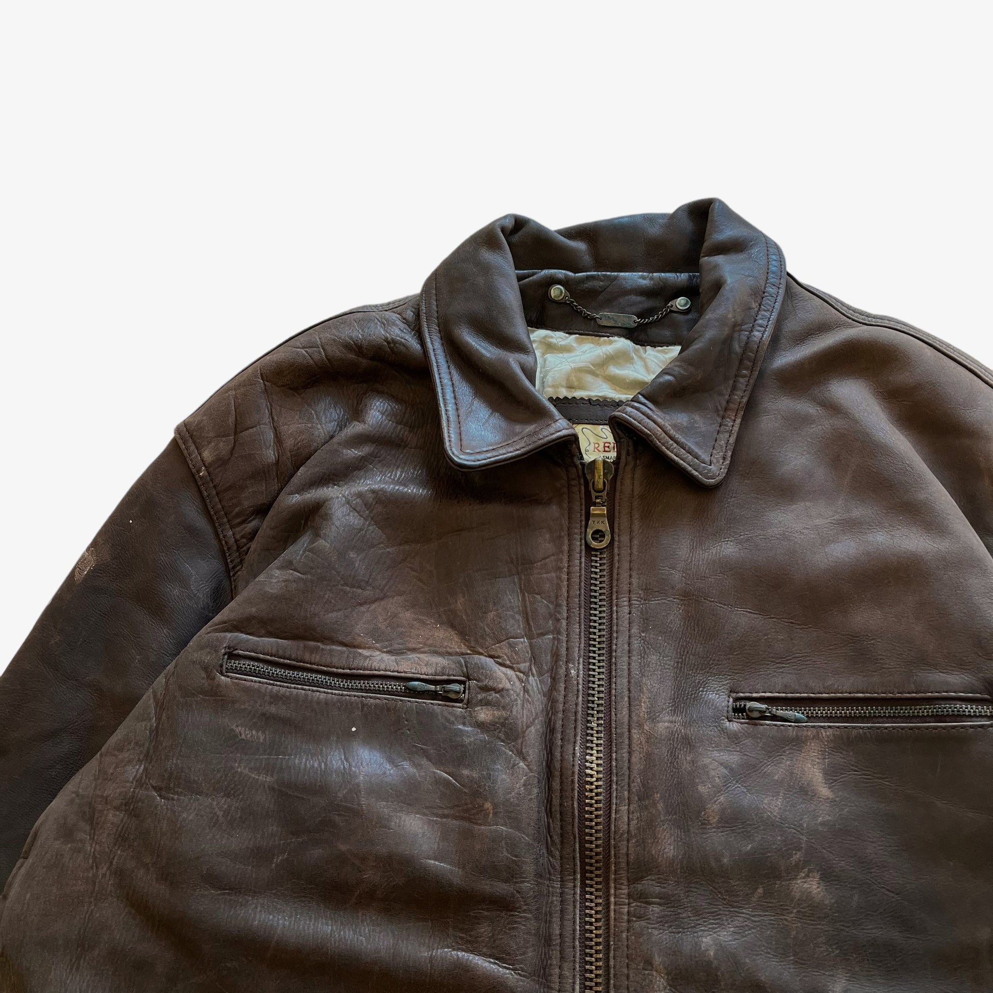 Vintage 90s Mens Redskins Brown Leather Pilot Jacket Wear - Casspios Dream