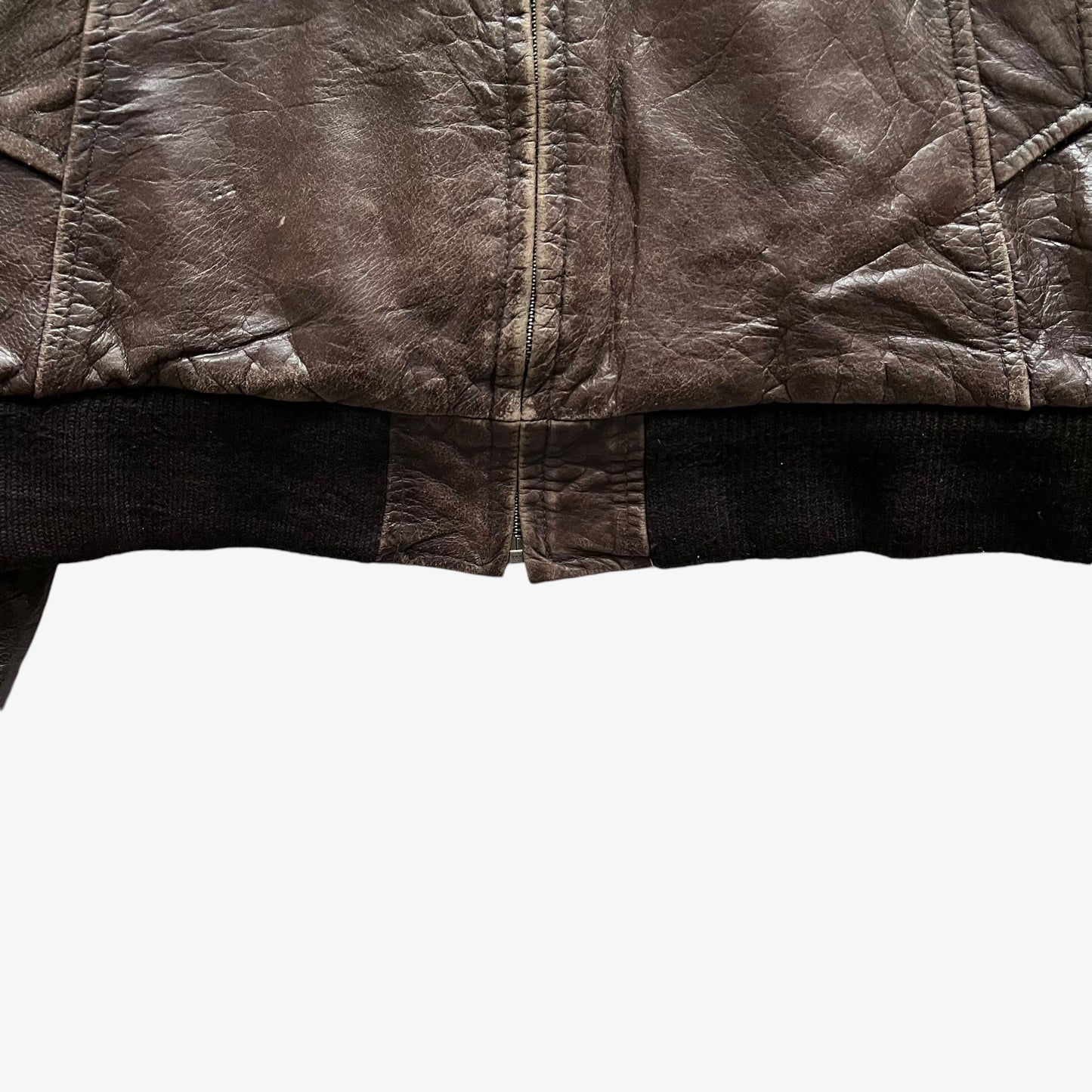 Vintage 90s Mens Redskins Brown Leather Pilot Jacket With Ribbed Collar Hem - Casspios Dream