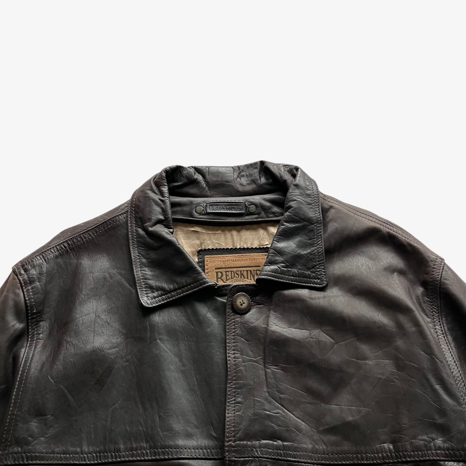 Vintage 90s Mens Redskins Dark Brown Leather Pilot Jacket With Back Collar Embossed Logo Collared - Casspios Dream