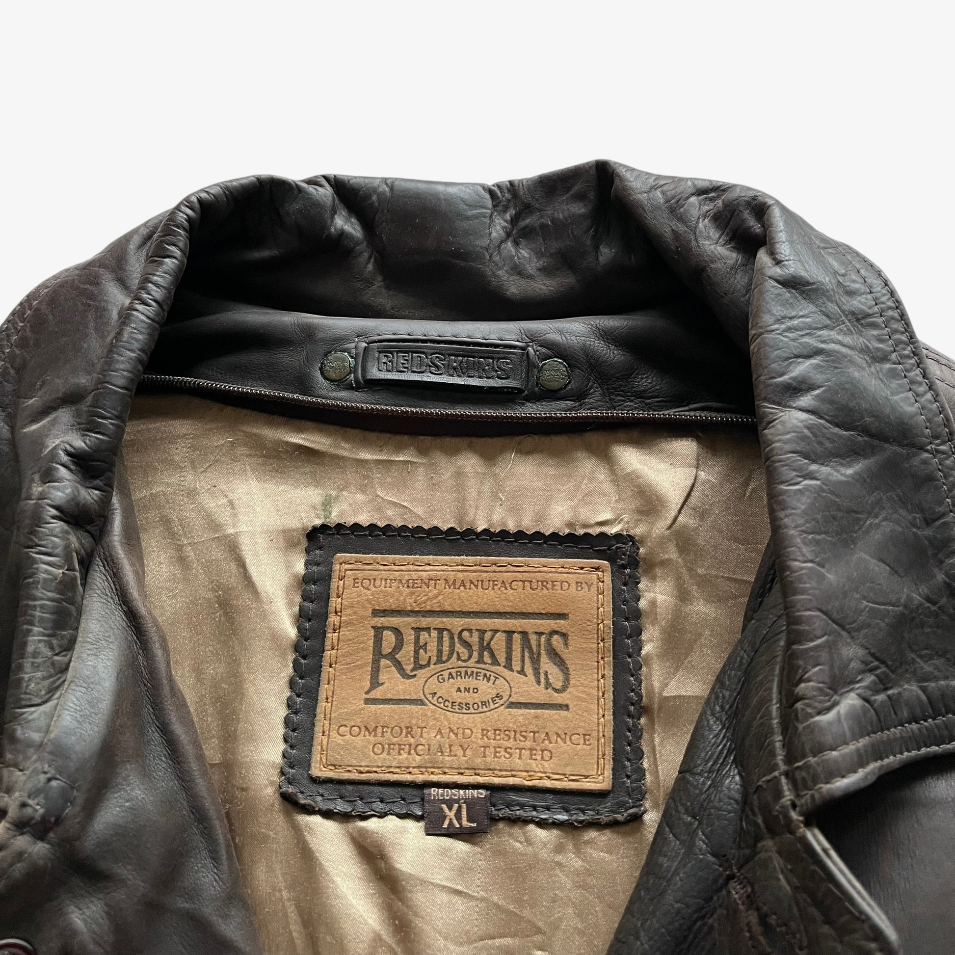 Vintage 90s Mens Redskins Dark Brown Leather Pilot Jacket With Back Collar Embossed Logo Label - Casspios Dream