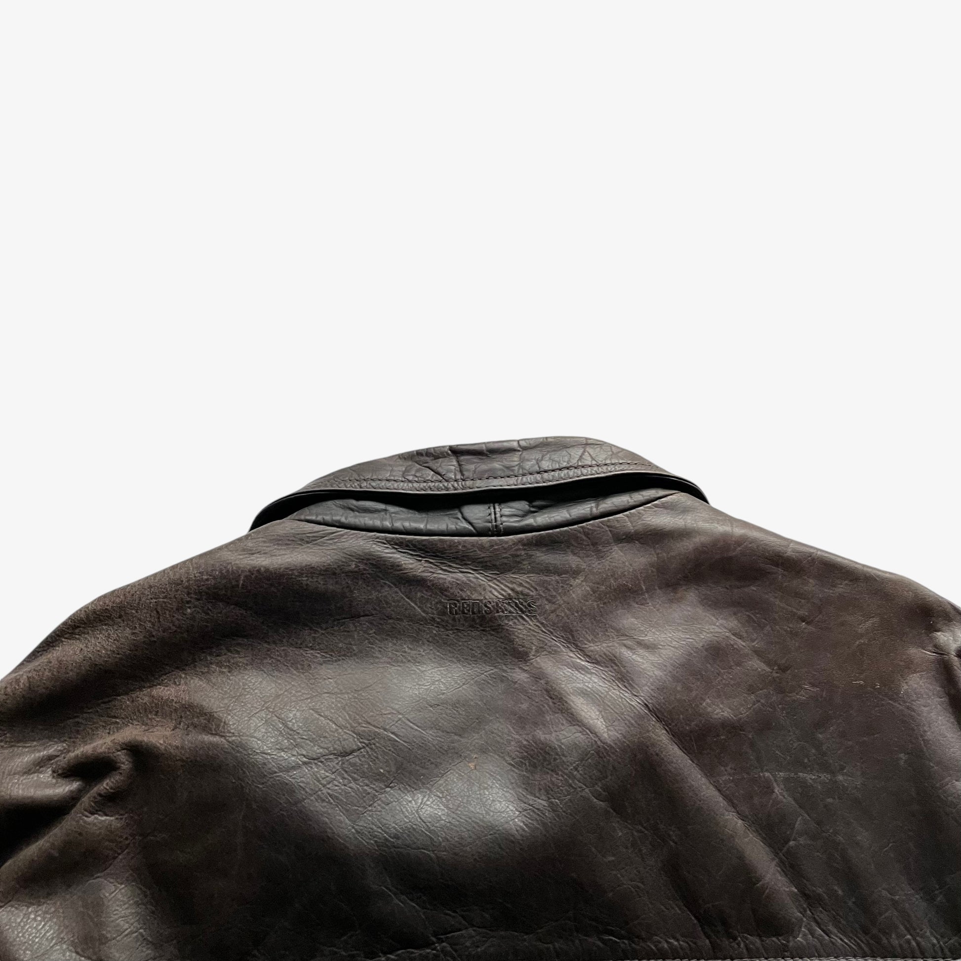 Vintage 90s Mens Redskins Dark Brown Leather Pilot Jacket With Back Collar Embossed Logo Shoulders - Casspios Dream