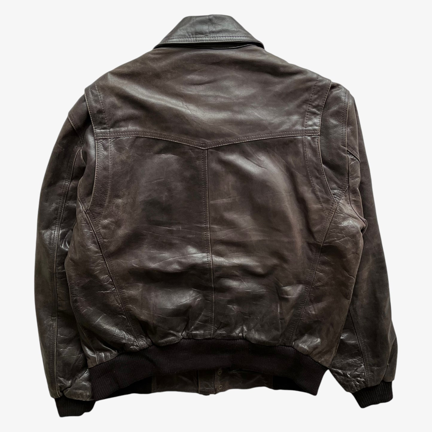 Vintage 90s Mens Redskins Dark Brown Leather Pilot Jacket With Four Cargo Pockets Back - Casspios Dream