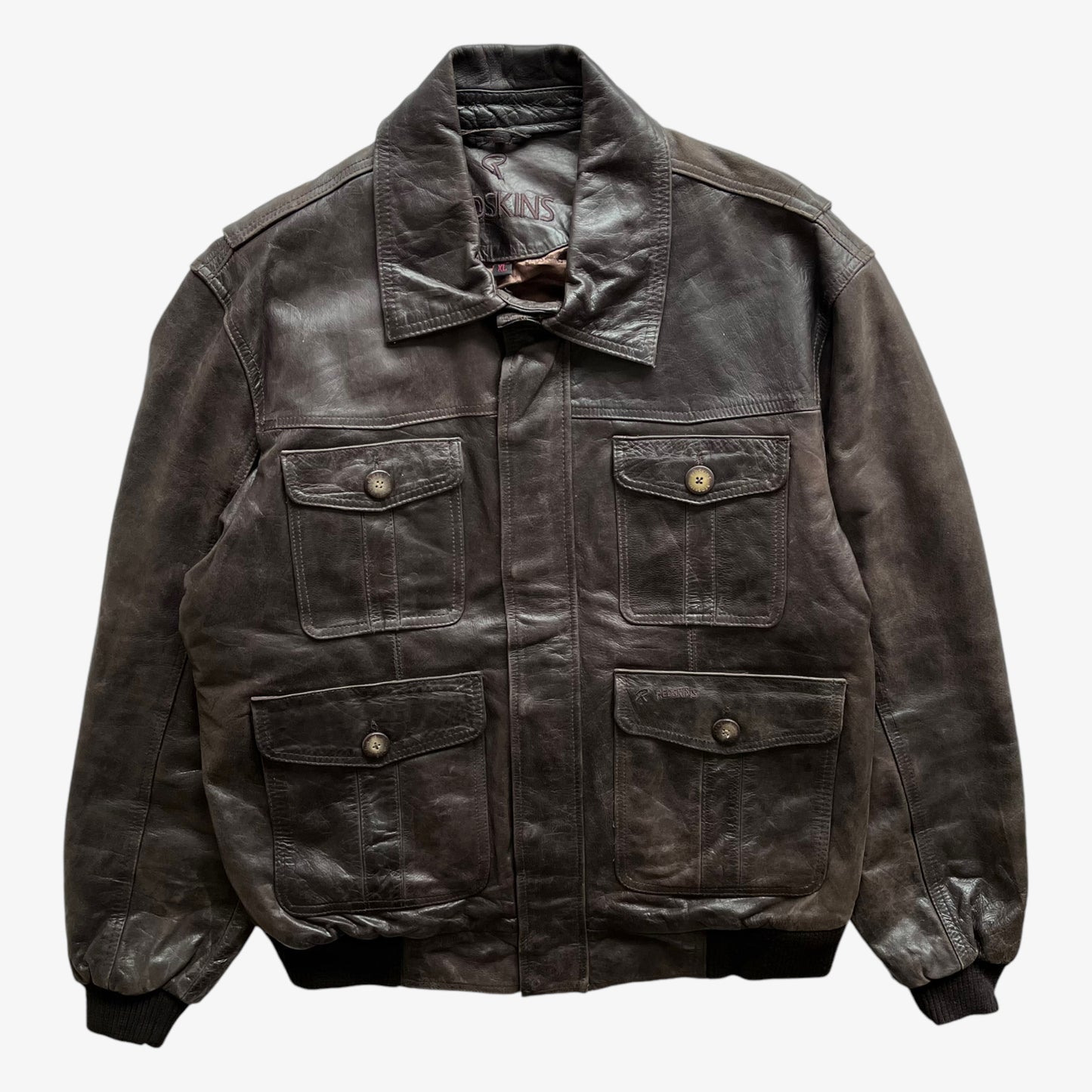 Vintage 90s Mens Redskins Dark Brown Leather Pilot Jacket With Four Cargo Pockets - Casspios Dream