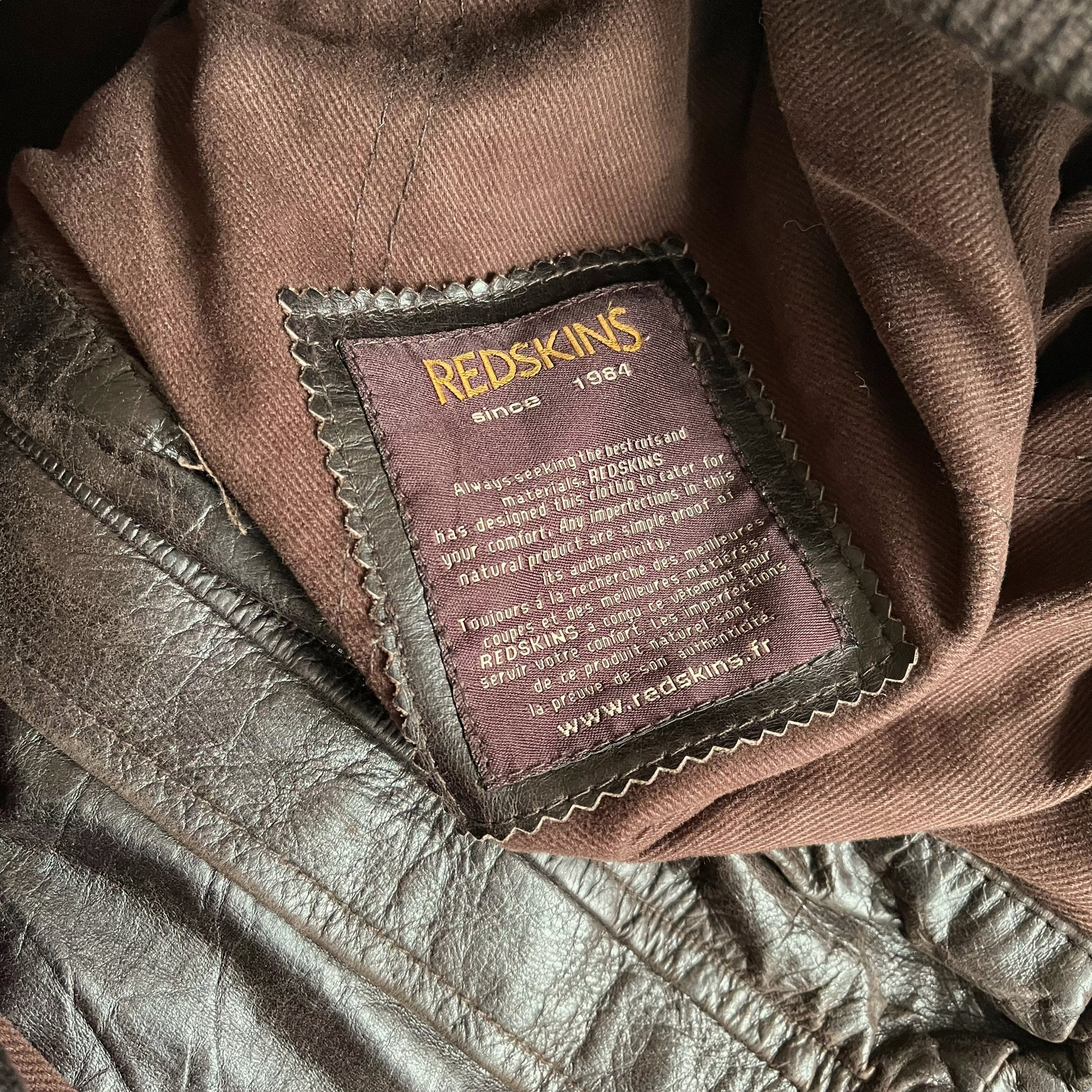 Vintage 90s Mens Redskins Dark Brown Leather Pilot Jacket With Four Cargo Pockets Inside Label - Casspios Dream