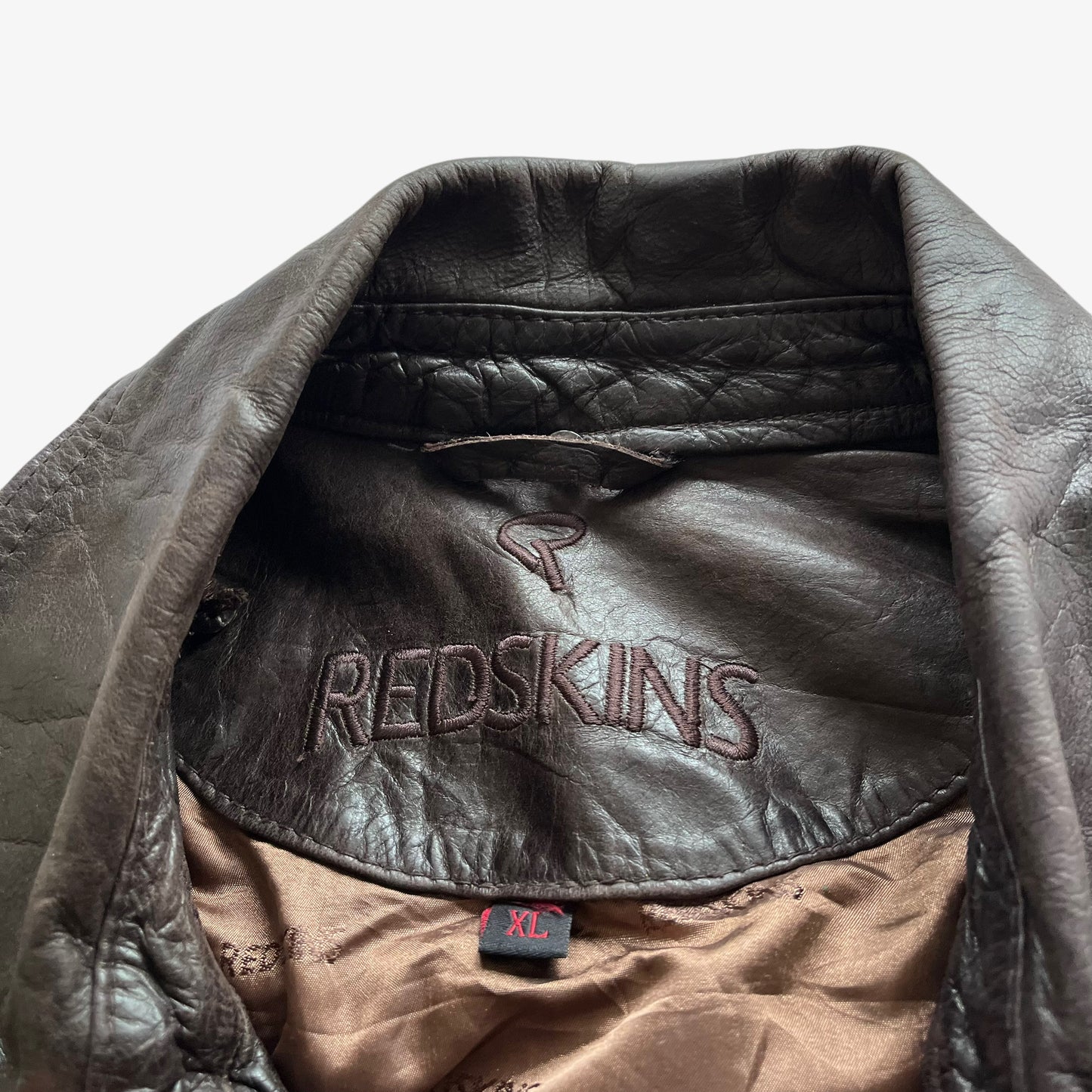 Vintage 90s Mens Redskins Dark Brown Leather Pilot Jacket With Four Cargo Pockets Label - Casspios Dream