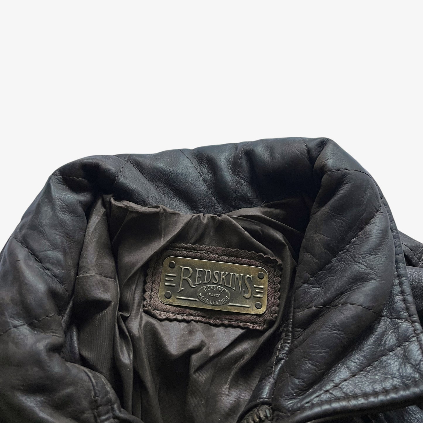 Vintage 90s Mens Redskins Dark Brown Leather Pilot Jacket With Metal Tag Logo - Casspios Dream