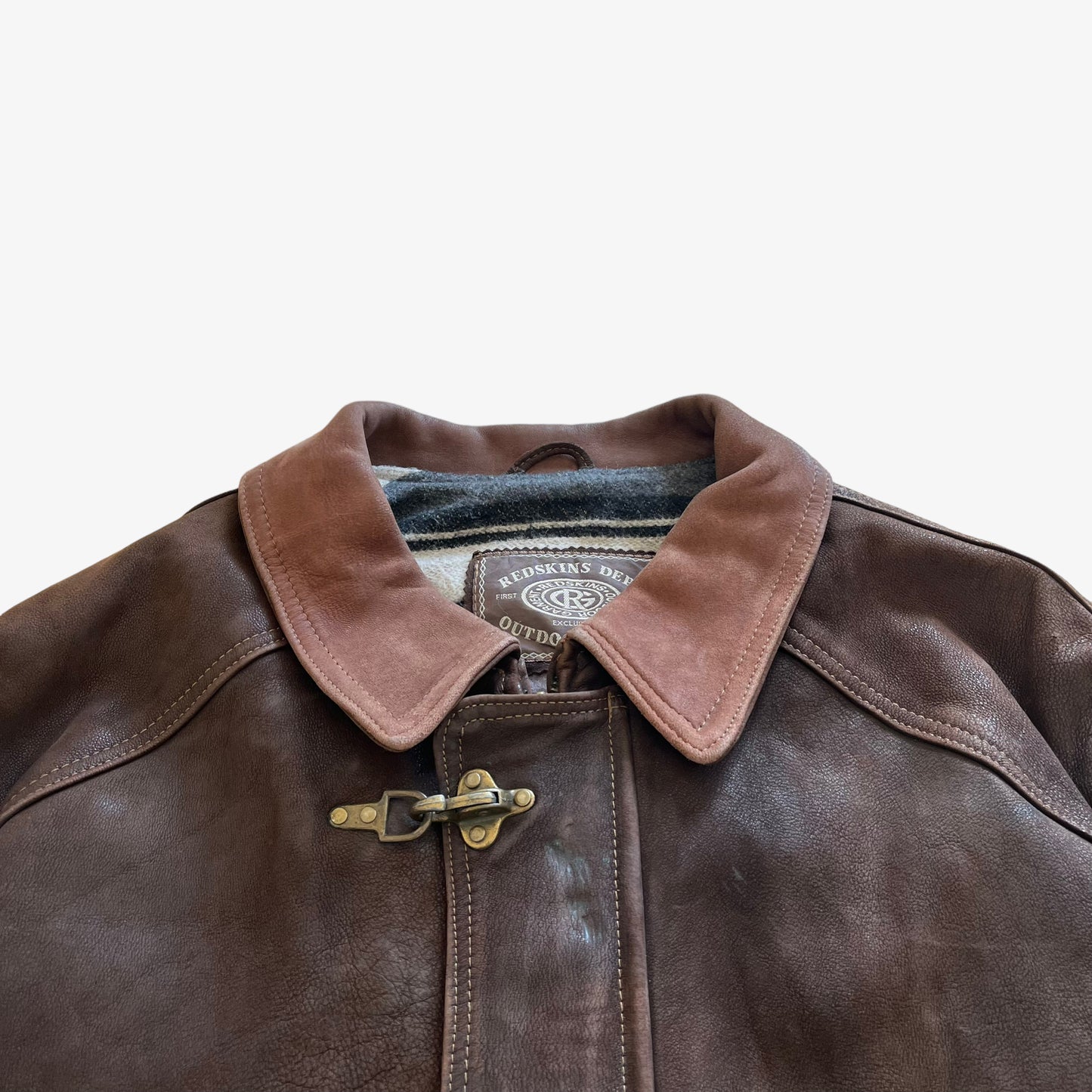 Vintage 90s Mens Redskins Dept Outdoor Wear Brown Leather Jacket With Fish Hook Fasteners Label - Casspios Dream