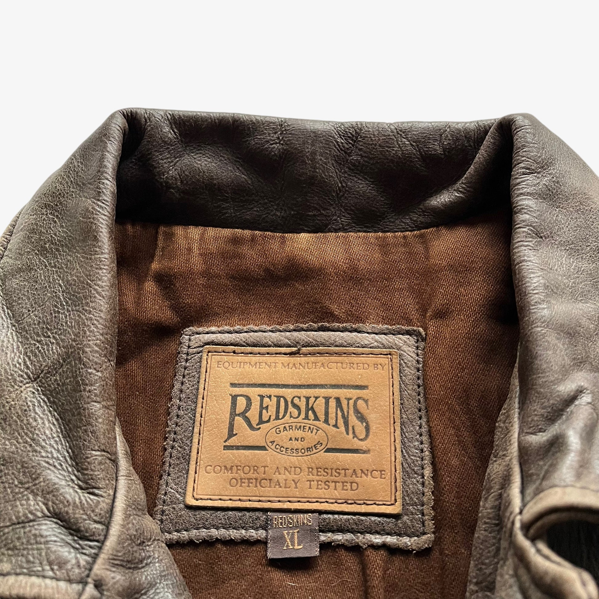 Vintage 90s Mens Redskins Faded Brown Leather Jacket With Breast Embossed Spell Out Label - Casspios Dream