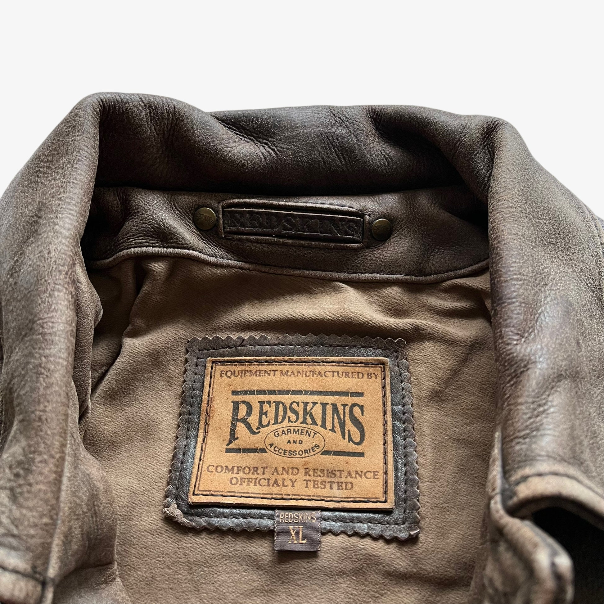 Vintage 90s Mens Redskins Faded Brown Leather Jacket With Embossed Spell Out Label - Casspios Dream