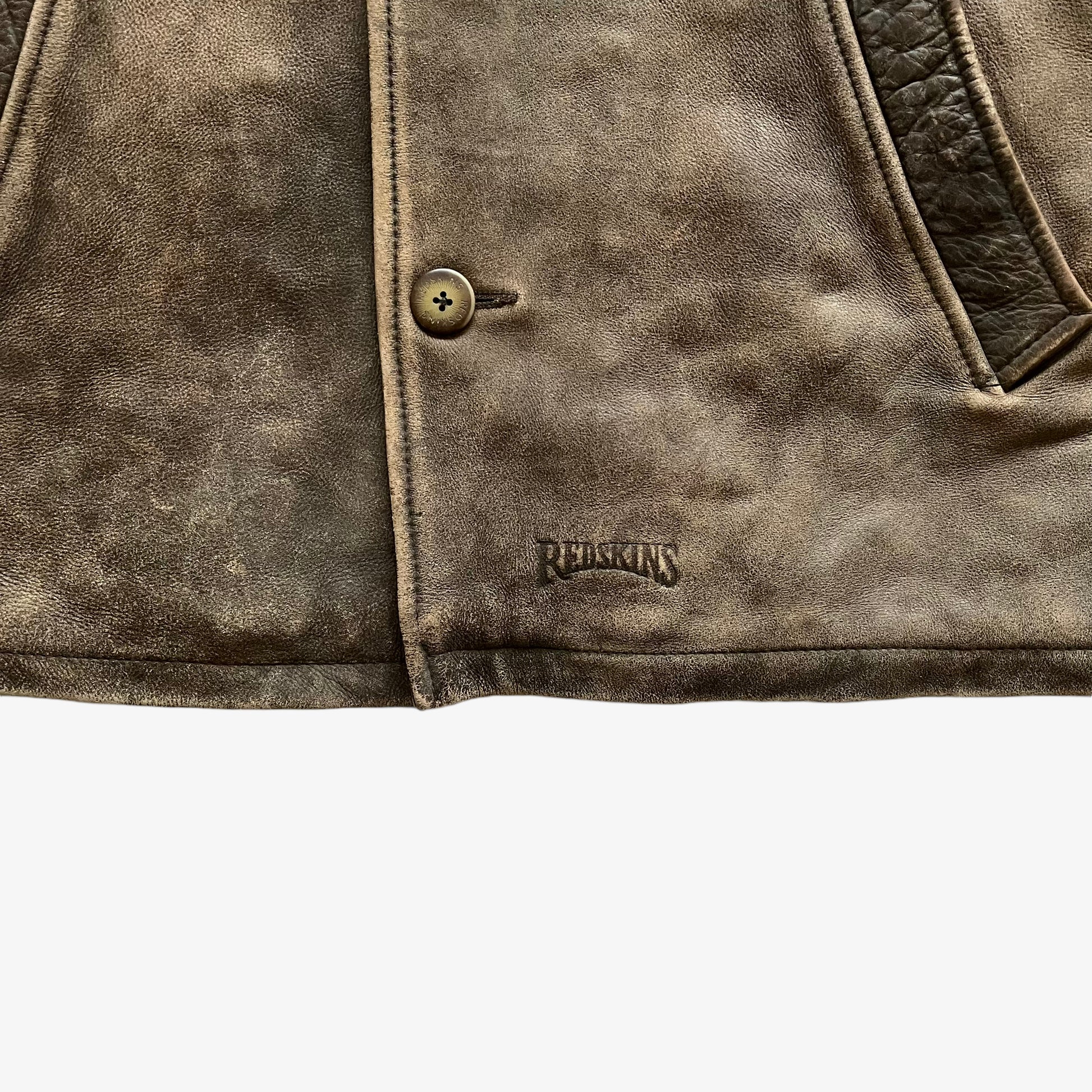 Vintage 90s Mens Redskins Faded Brown Leather Jacket With Embossed Spell Out Logo - Casspios Dream