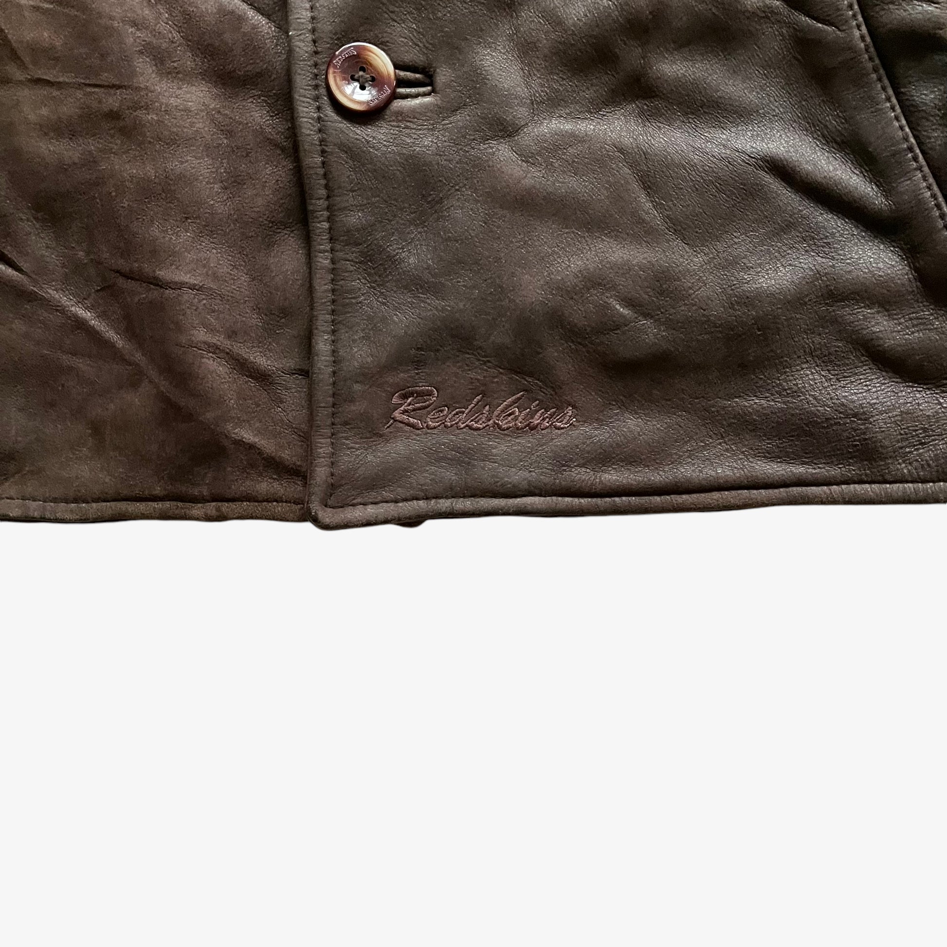 Vintage 90s Mens Redskins R Line Dark Brown Leather Pilot Jacket Hem - Casspios Dream