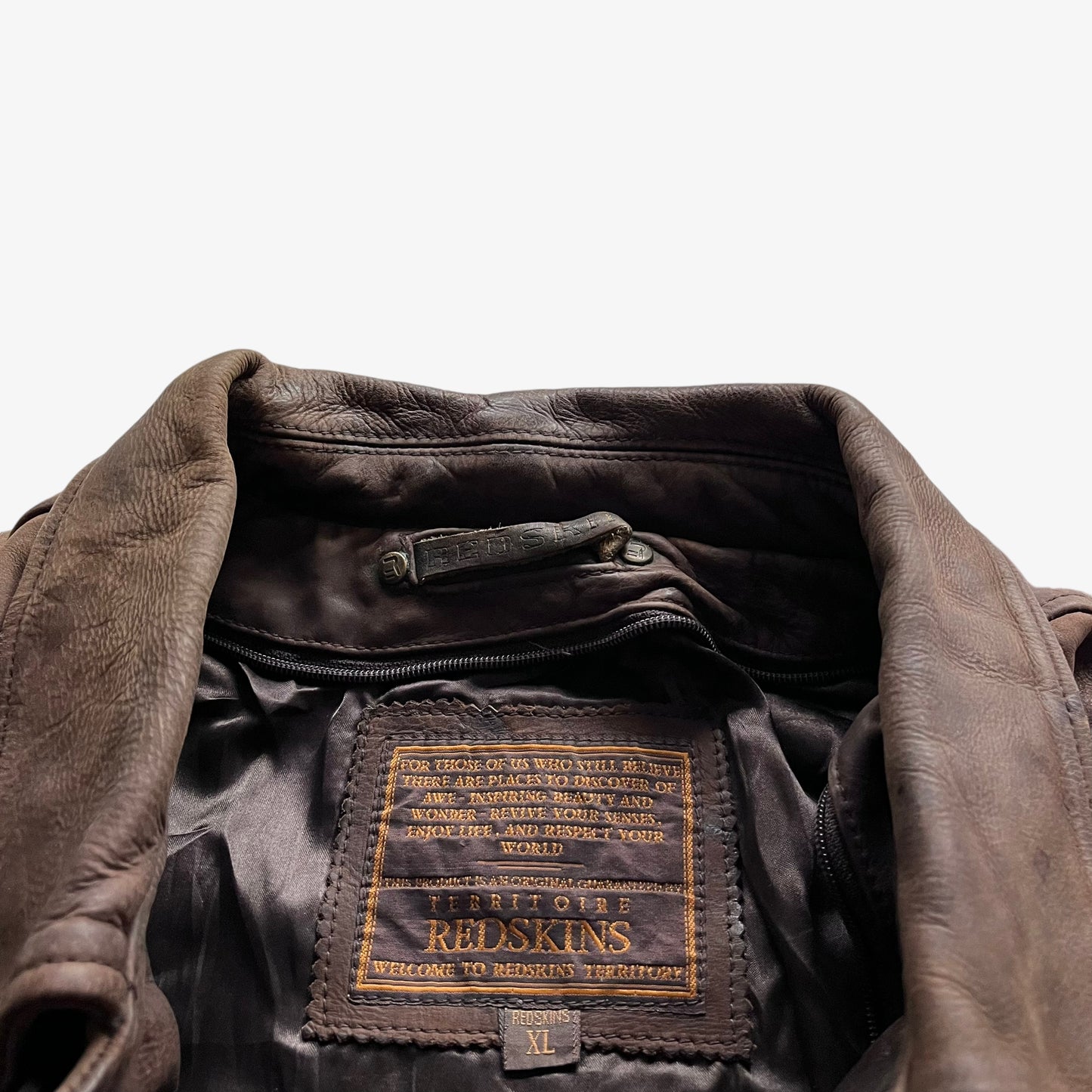 Vintage 90s Mens Redskins Territoire Brown Leather Pilot Jacket With Embroidered Spell Out Hem Label - Casspios Dream