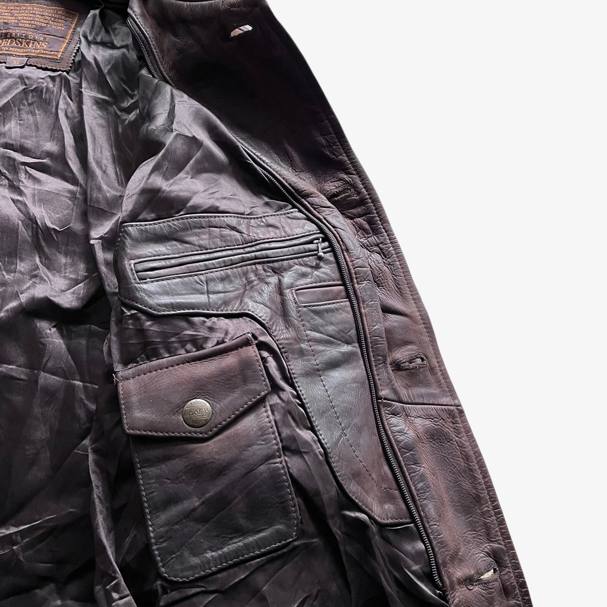 Vintage 90s Mens Redskins Territoire Brown Leather Pilot Jacket With Embroidered Spell Out Hem Pocket - Casspios Dream