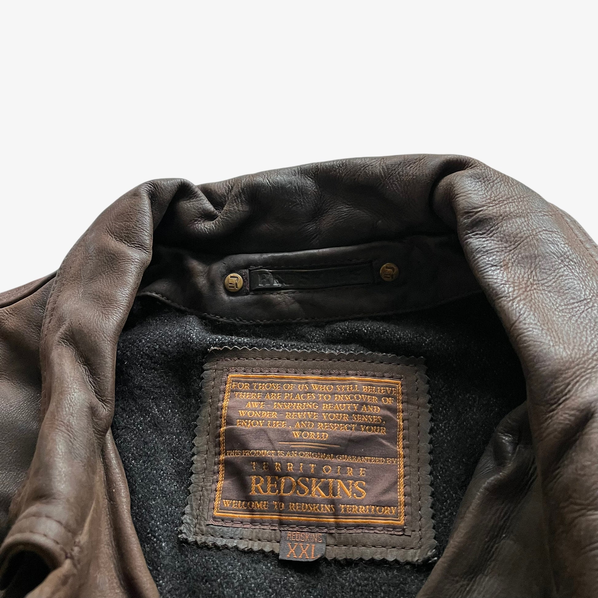 Vintage 90s Mens Redskins Territoire Dark Brown Leather Pilot Jacket With Zipped Pocket Label - Casspios Dream