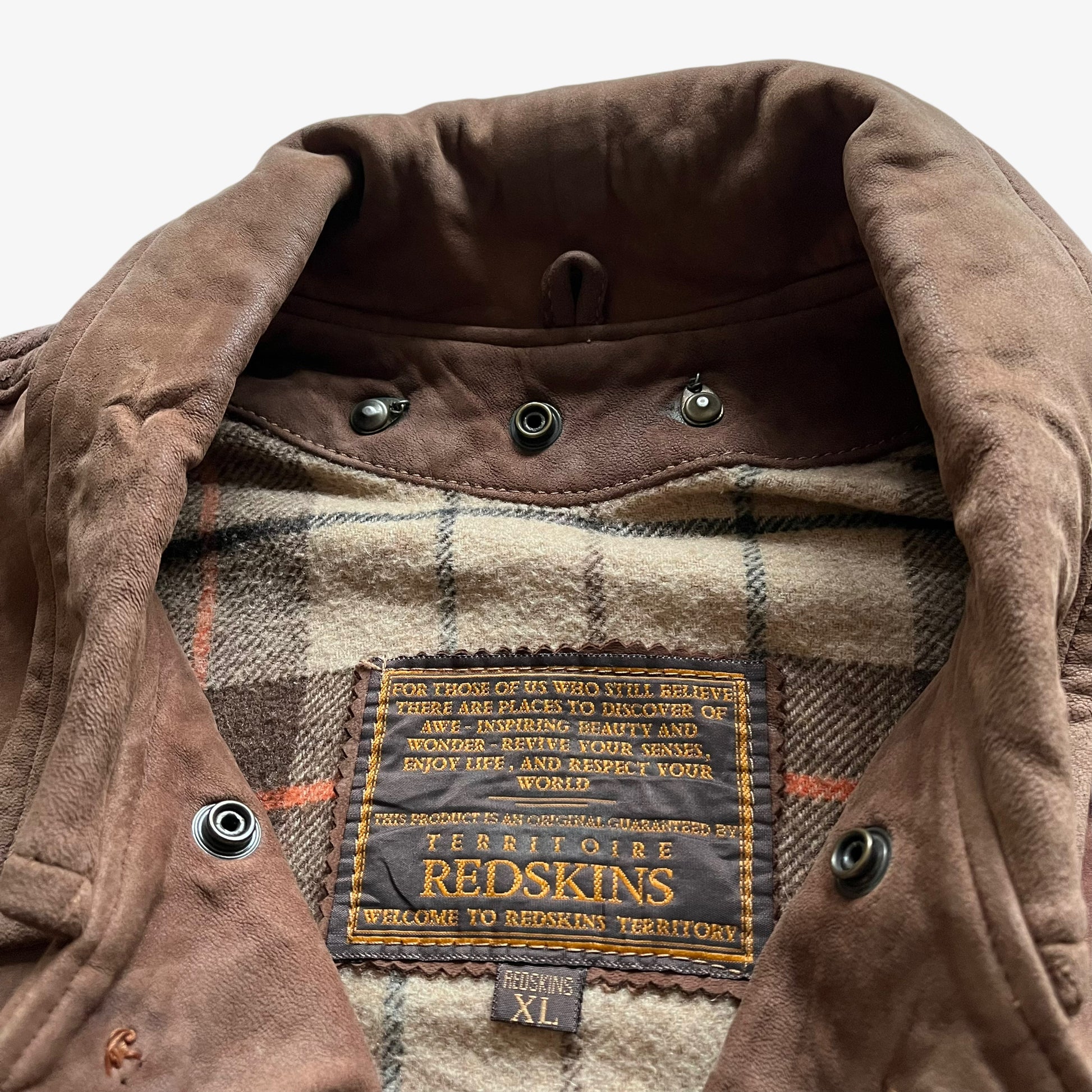 Vintage 90s Mens Redskins Territoire Light Brown Leather Pilot Jacket With Checked Lining Label - Casspios Dream