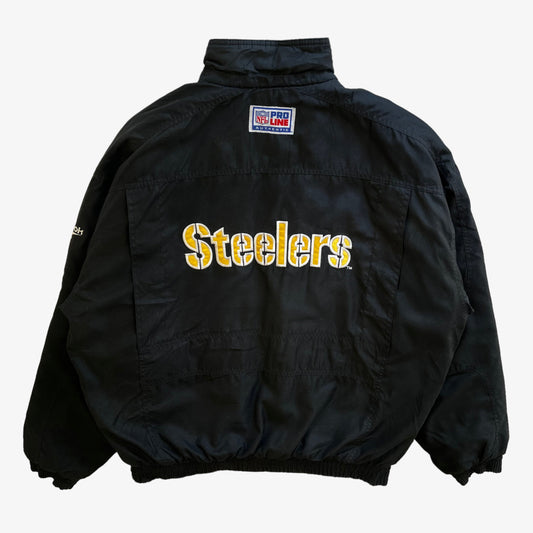 Vintage 90s Mens Reebok NFL Pro Line Pittsburgh Steelers Black Jacket Back - Casspios Dream