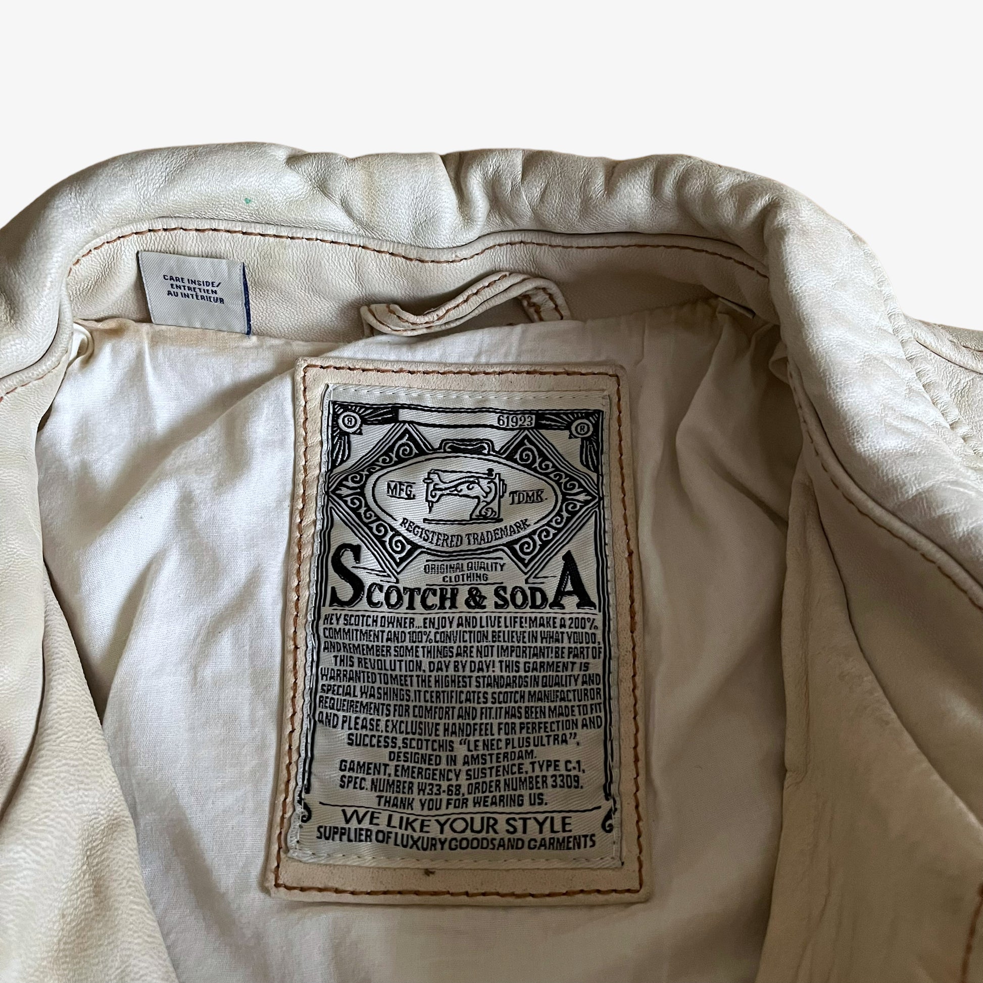 Vintage 90s Mens Scotch And Soda Cream Leather Biker Jacket Label - Casspios Dream