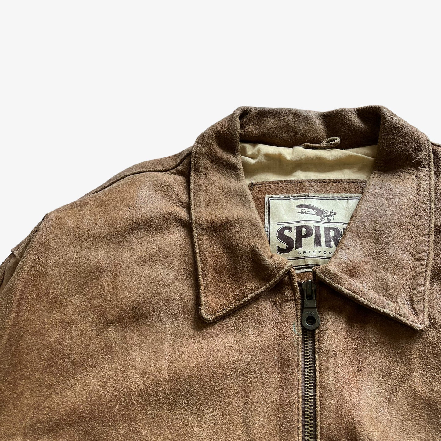 Vintage 90s Mens Spirit Aristomann Brown Leather Pilot Jacket Collar - Casspios Dream