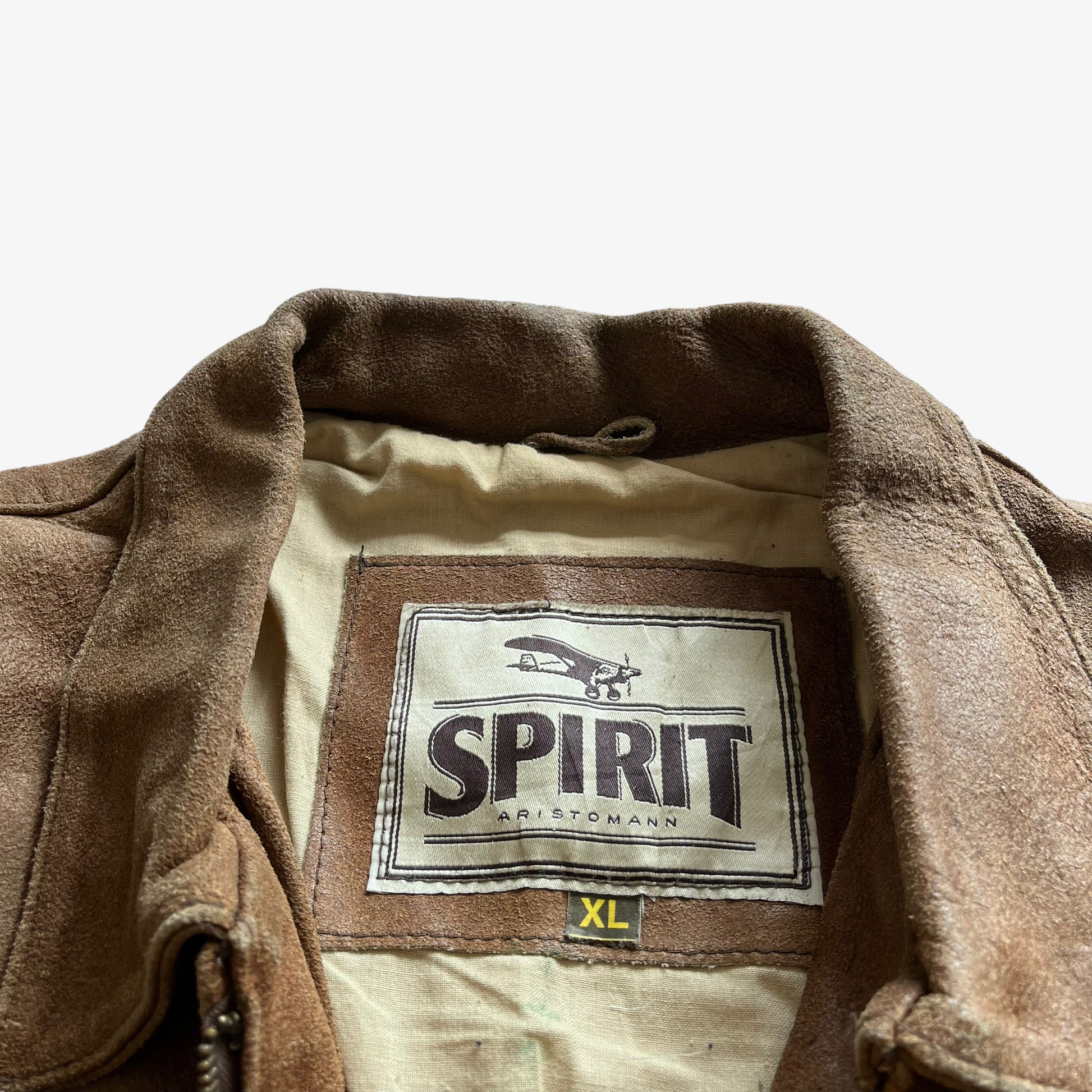 Vintage 90s Mens Spirit Aristomann Brown Leather Pilot Jacket Label - Casspios Dream