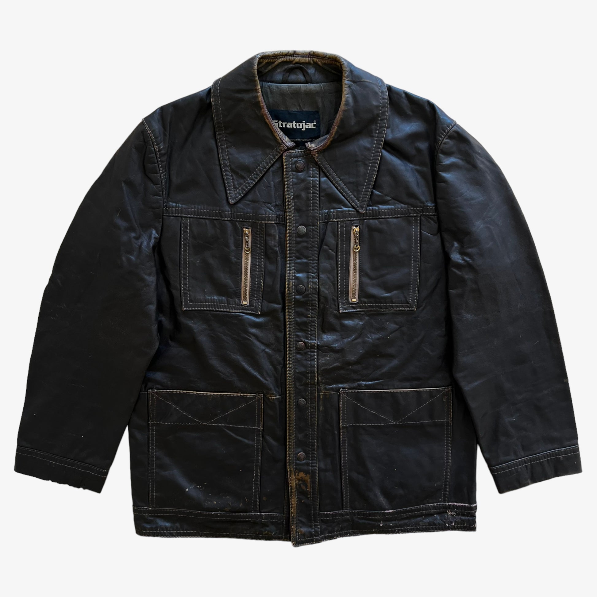 Vintage 90s Mens Stratojac Dark Brown Leather Utility Jacket - Casspios Dream