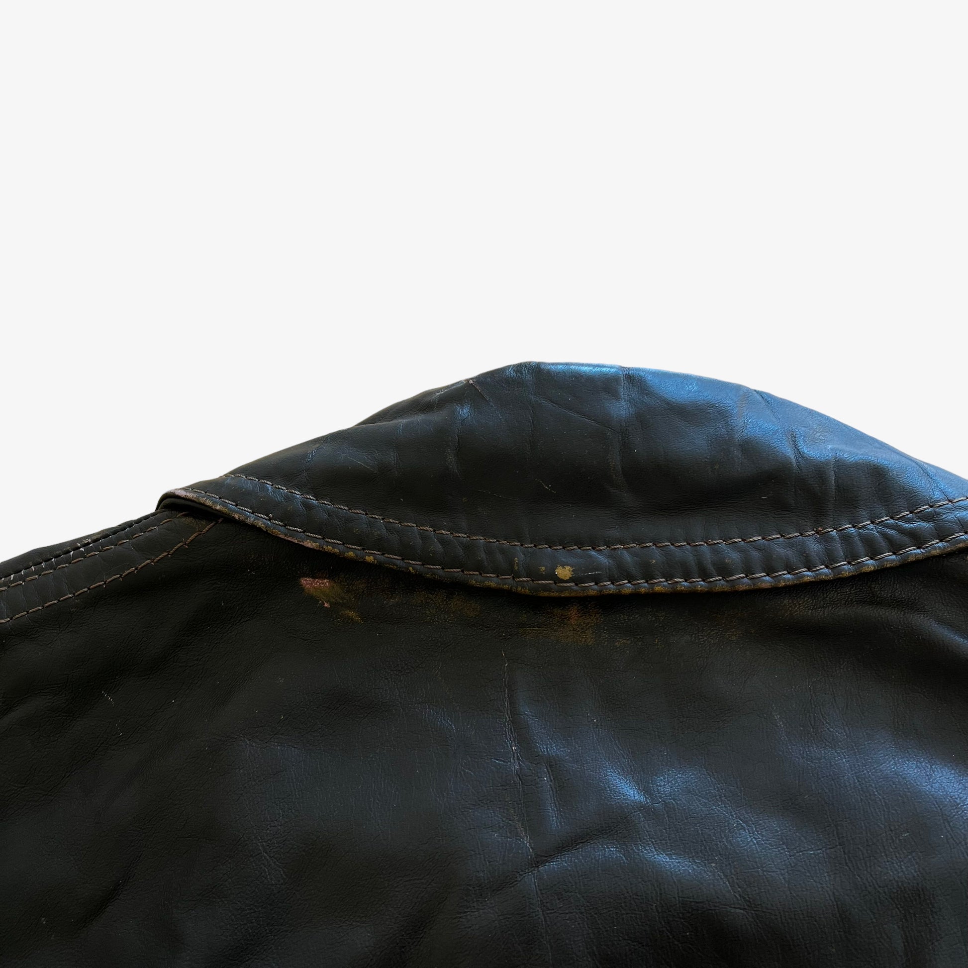 Vintage 90s Mens Stratojac Dark Brown Leather Utility Jacket Collar - Casspios Dream