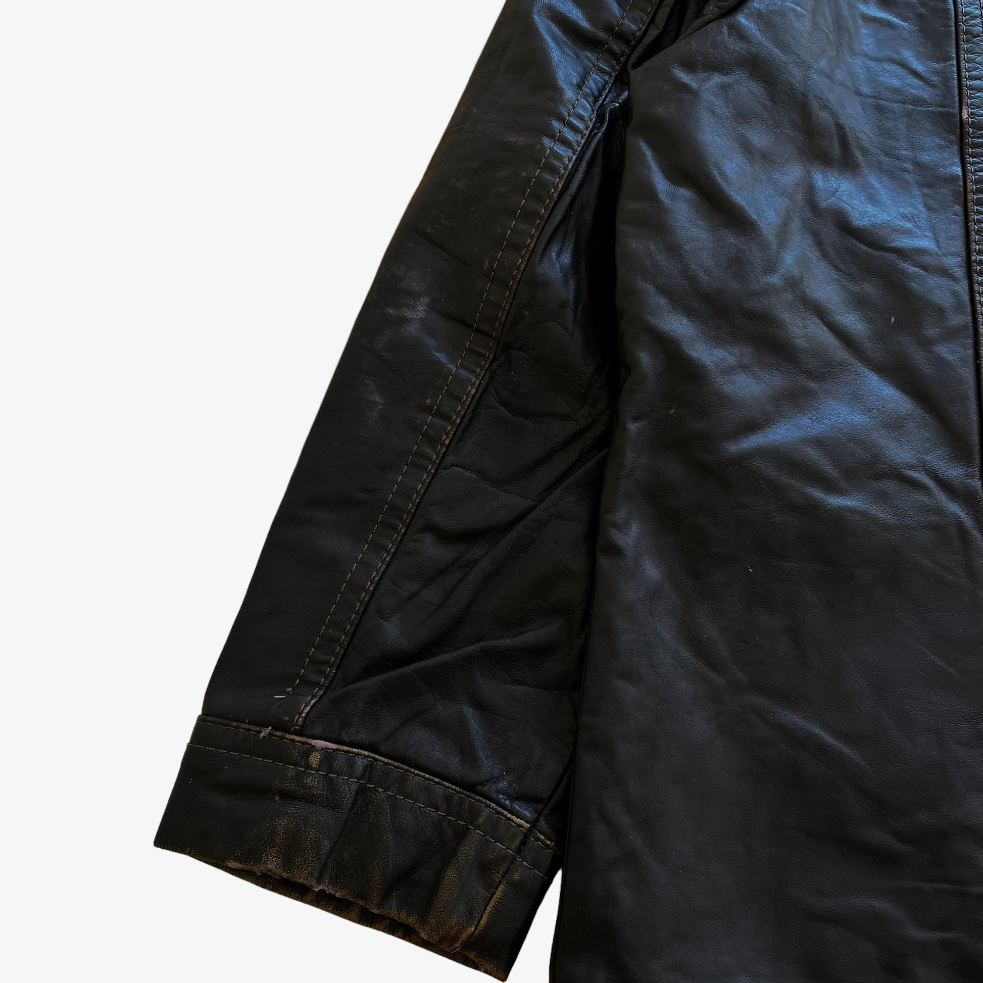 Vintage 90s Mens Stratojac Dark Brown Leather Utility Jacket Cuff - Casspios Dream