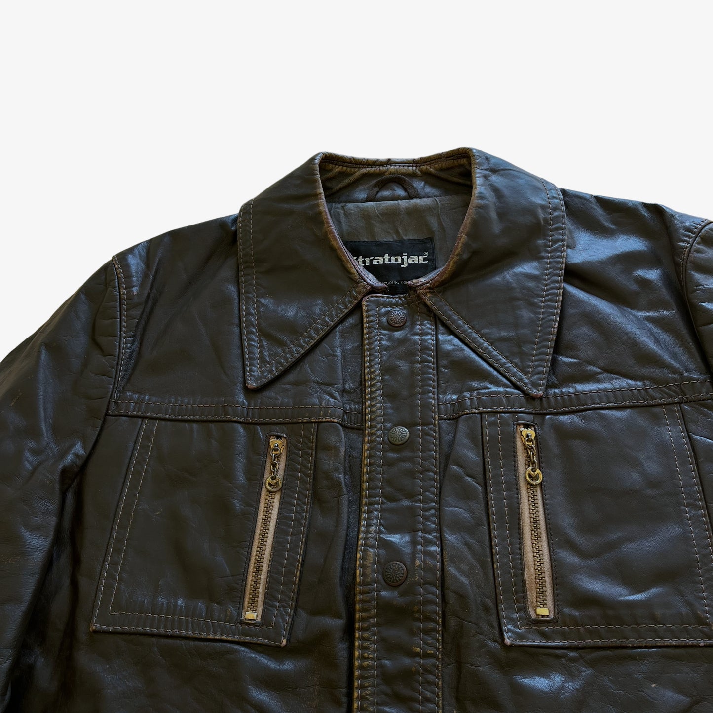 Vintage 90s Mens Stratojac Dark Brown Leather Utility Jacket Pockets - Casspios Dream