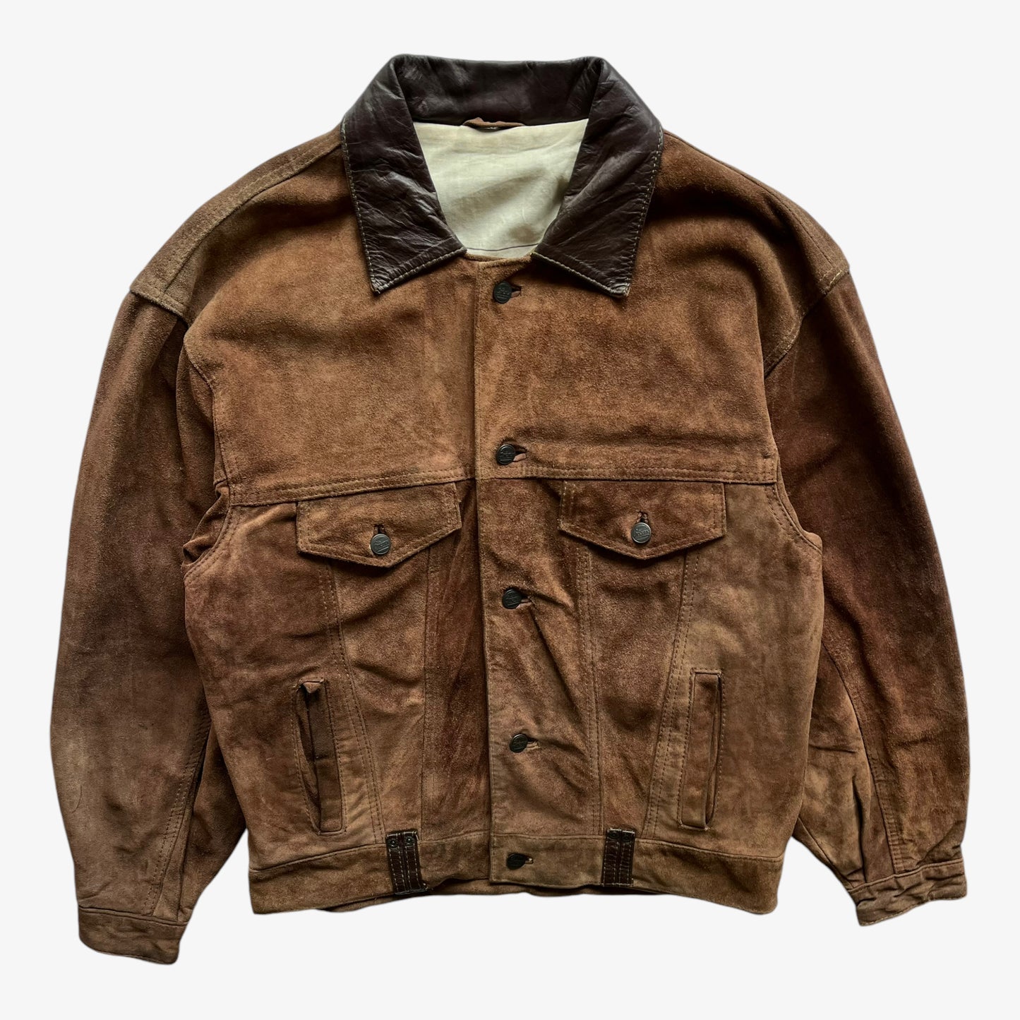 Vintage 90s Mens The Bronx Brown Leather Trucker Jacket With Contrasting Collar - Casspios Dream