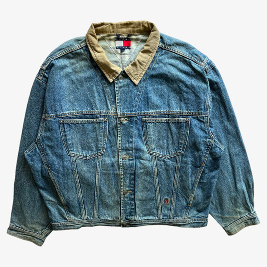 Vintage 90s Mens Tommy Hilfiger Blue Denim Jacket With Beige Contrasting Collar - Casspios Dream