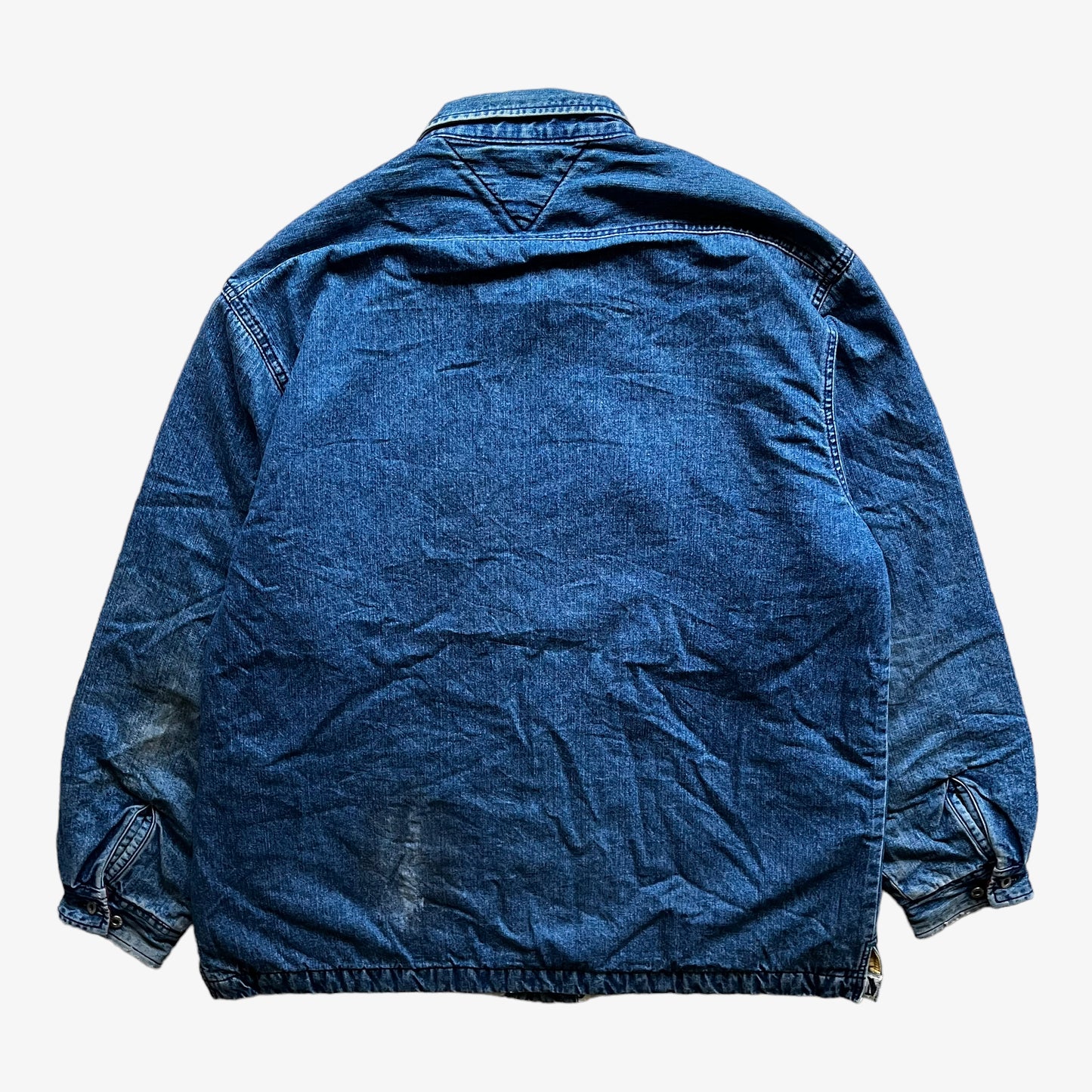 Vintage 90s Mens Tommy Hilfiger Blue Denim Shacket Shirt Jacket Back - Casspios Dream