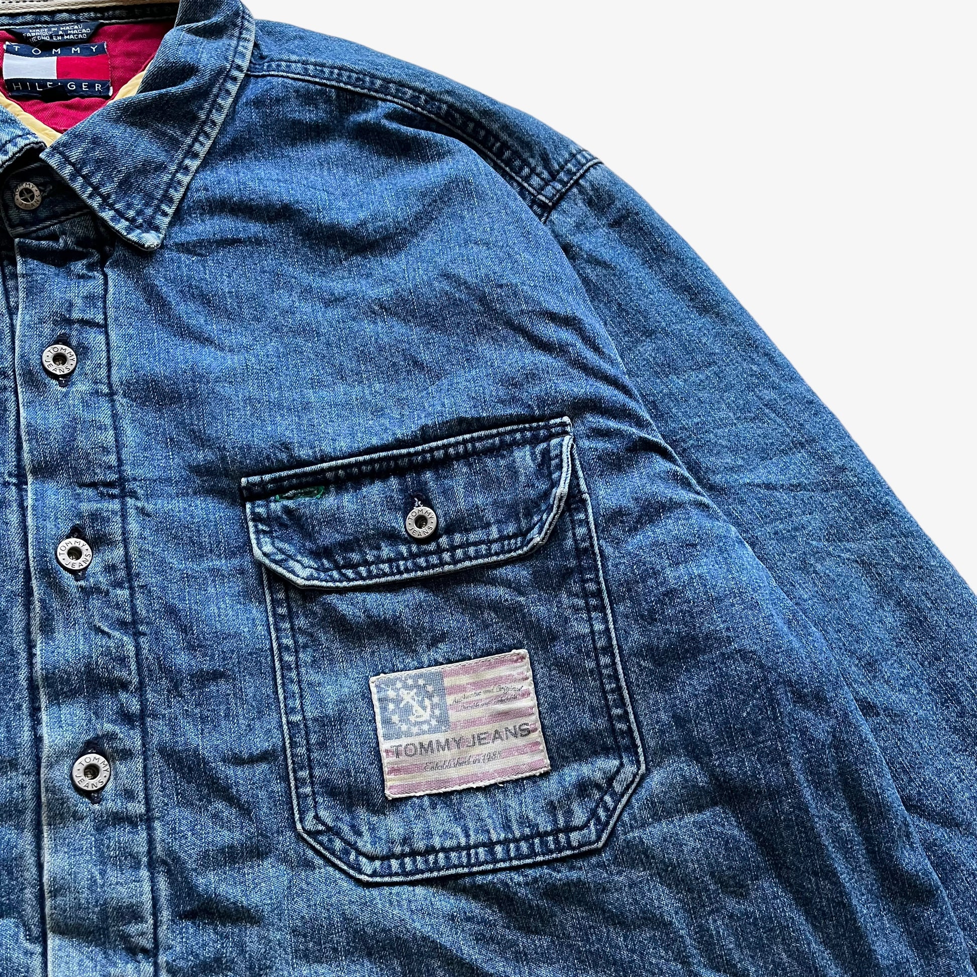 Vintage 90s Mens Tommy Hilfiger Blue Denim Shacket Shirt Jacket USA Flag - Casspios Dream