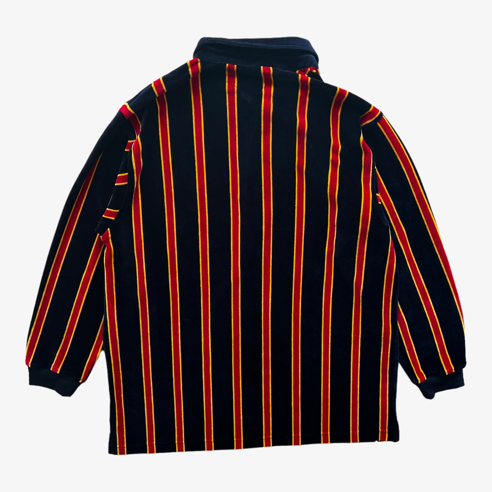 Vintage 90s Mens Tommy Hilfiger Navy Yellow And Red Striped Velour Rugby Shirt With Embroidered Crest Back - Casspios Dream