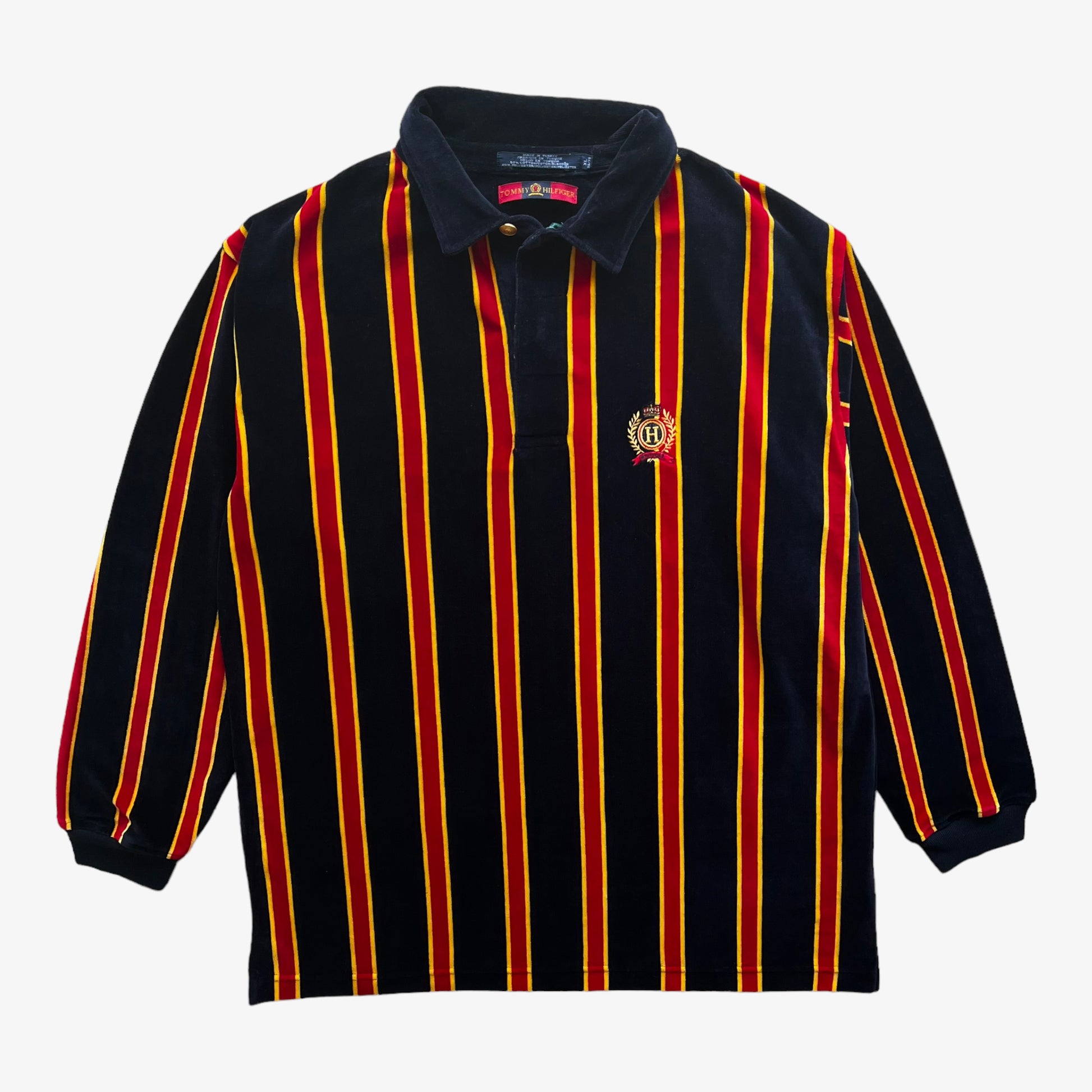 Vintage 90s Mens Tommy Hilfiger Navy Yellow And Red Striped Velour Rugby Shirt With Embroidered Crest - Casspios Dream