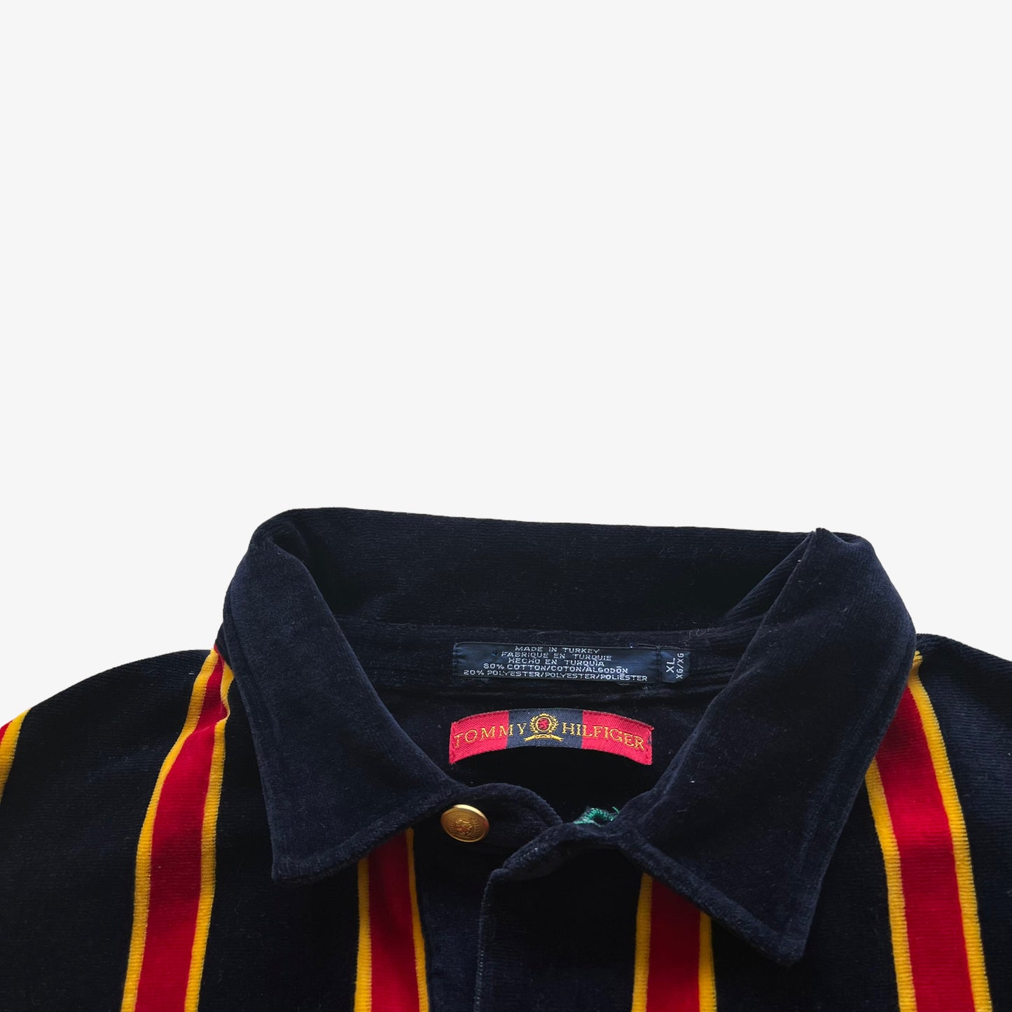 Vintage 90s Mens Tommy Hilfiger Navy Yellow And Red Striped Velour Rugby Shirt With Embroidered Crest Label - Casspios Dream