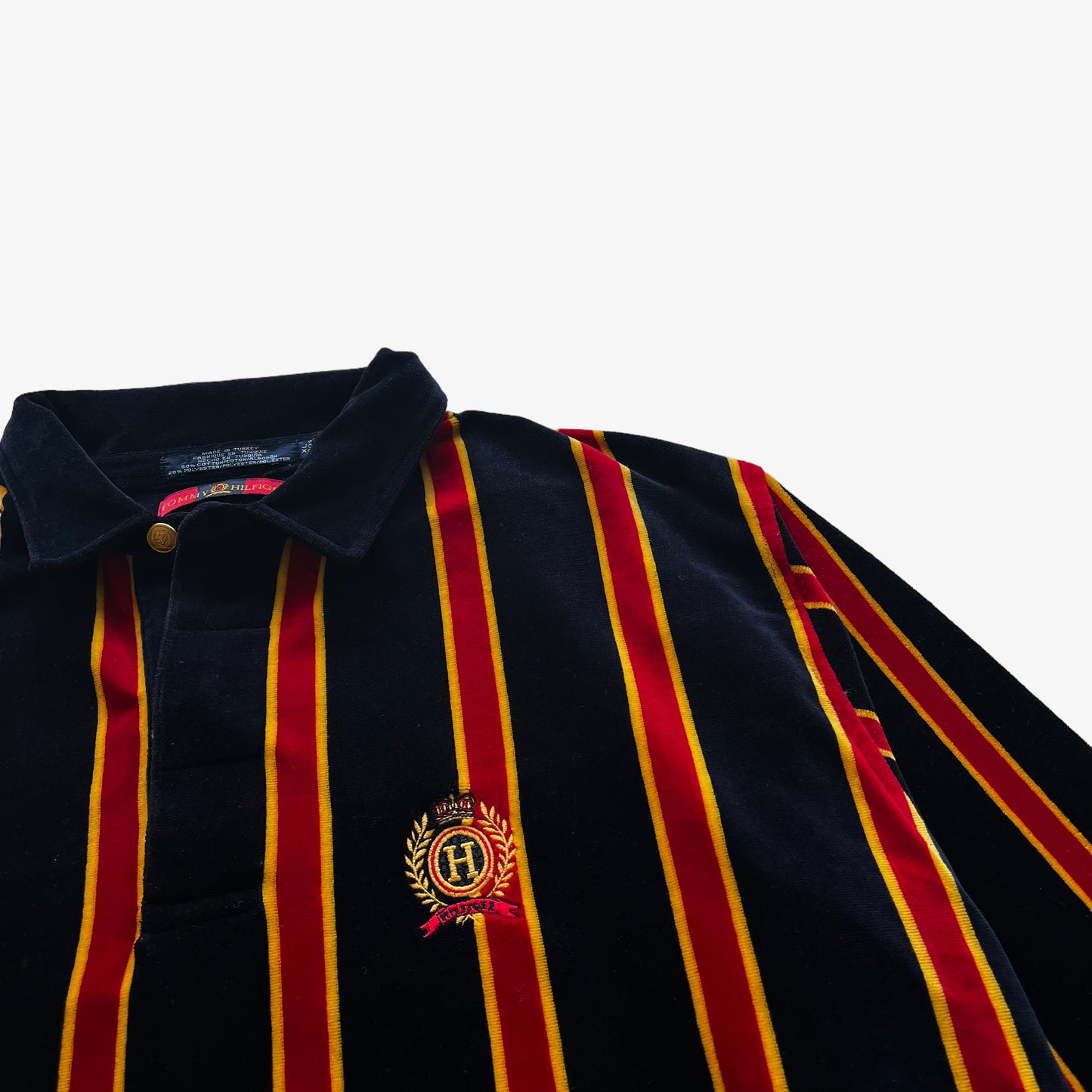 Vintage 90s Mens Tommy Hilfiger Navy Yellow And Red Striped Velour Rugby Shirt With Embroidered Crest Logo - Casspios Dream