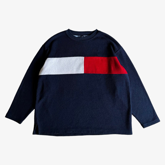 Vintage 90s Mens Tommy Hilfiger Spell Out Flag Logo Fleece Sweatshirt - Casspios Dream