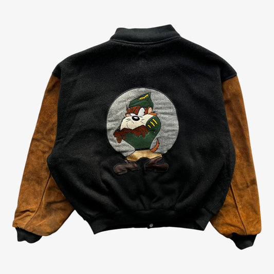 Vintage 90s Mens Top Line Looney Tunes Tasmanian Devil Taz Robin Hood Wool And Leather Varsity Jacket Back - Casspios Dream