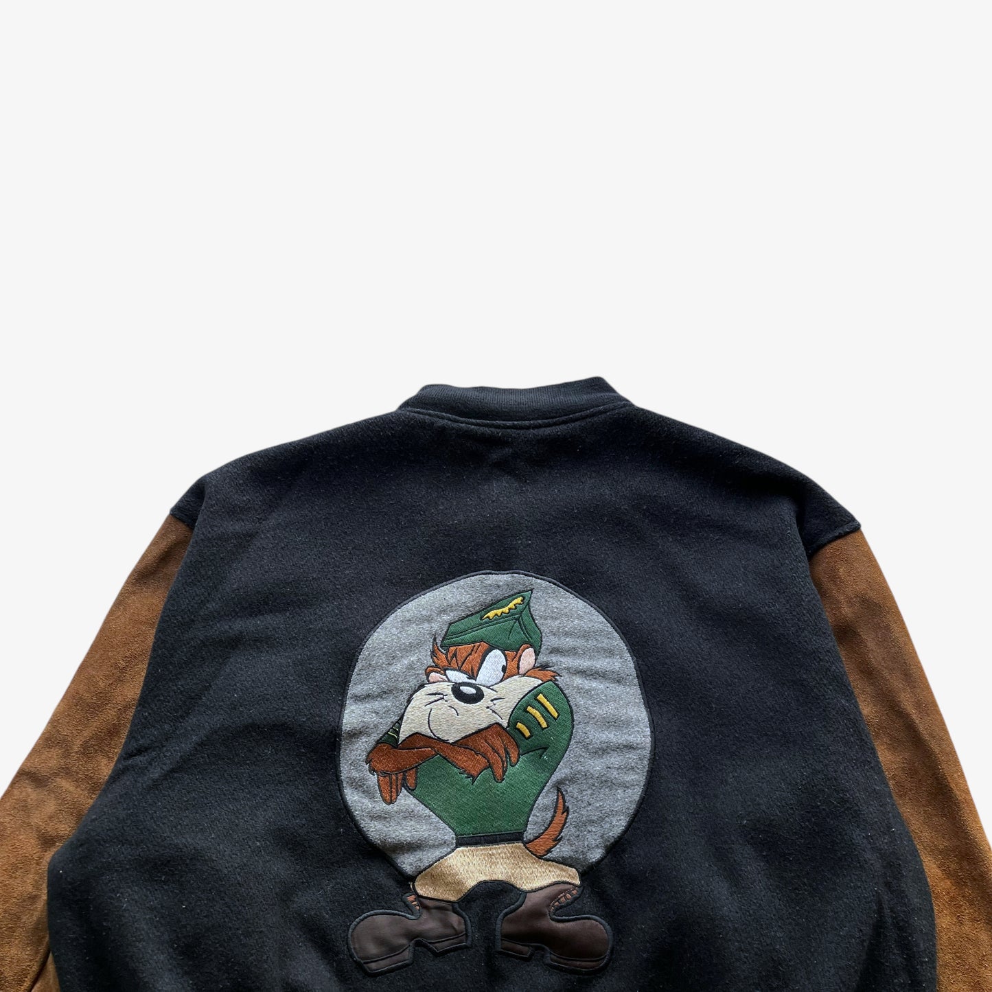 Vintage 90s Mens Top Line Looney Tunes Tasmanian Devil Taz Robin Hood Wool And Leather Varsity Jacket Back Logo - Casspios Dream