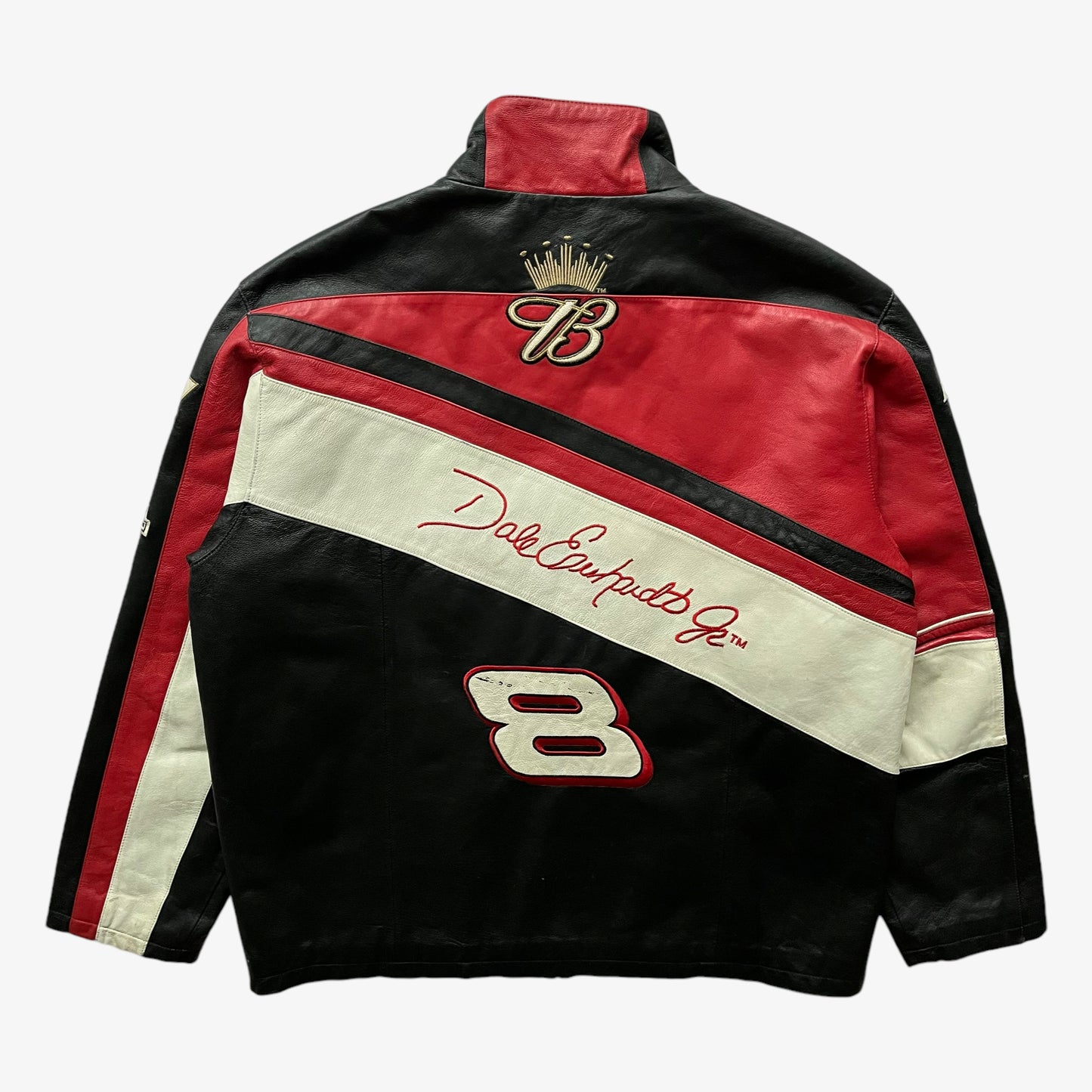 Vintage 90s Mens Wilsons Chase Authentics Dale Earnhardt Jr Budweiser NASCAR Leather Jacket Back - Casspios Dream