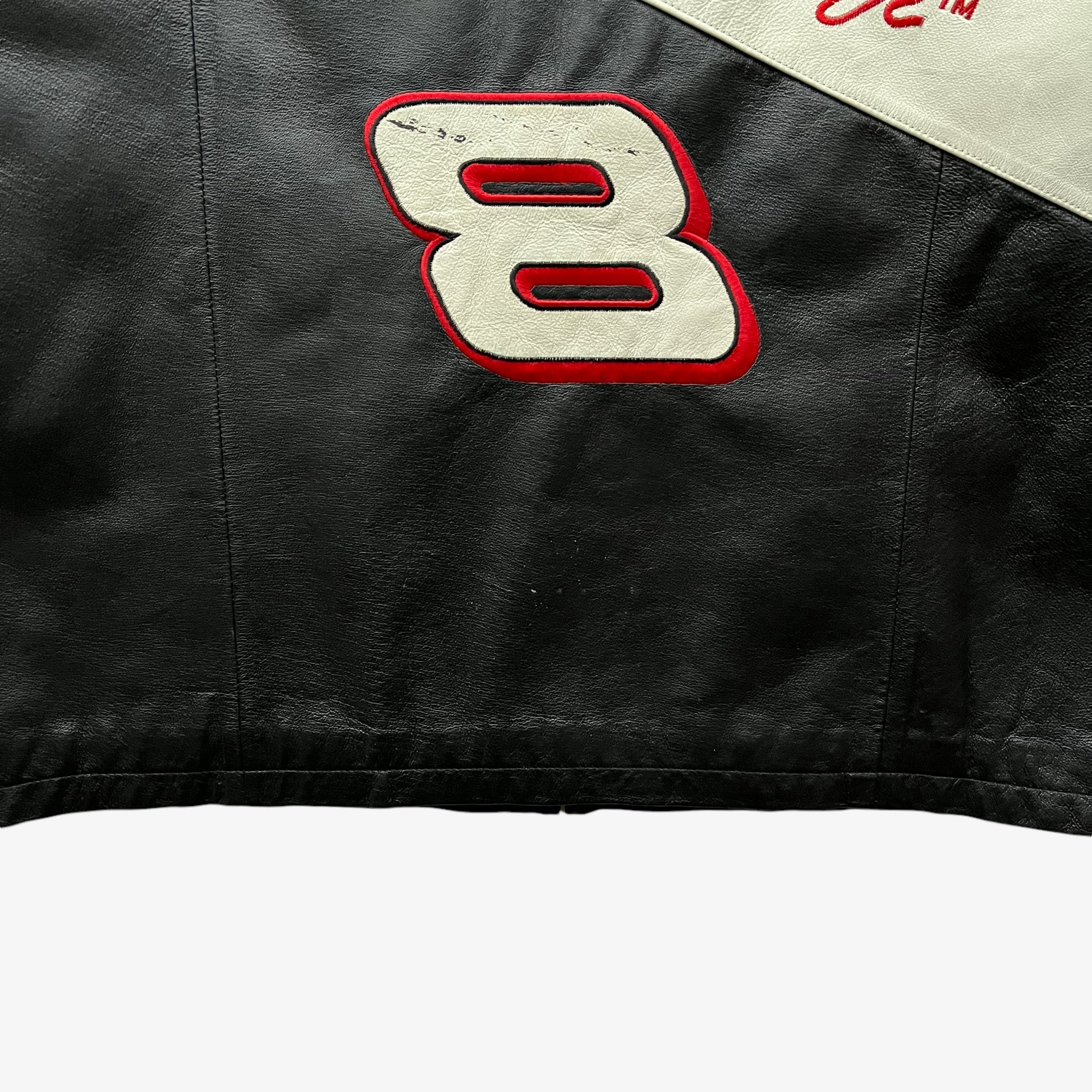 Vintage 90s Mens Wilsons Chase Authentics Dale Earnhardt Jr Budweiser NASCAR Leather Jacket Back Hem - Casspios Dream