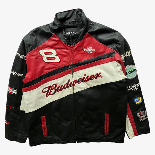 Vintage 90s Mens Wilsons Chase Authentics Dale Earnhardt Jr Budweiser NASCAR Leather Jacket - Casspios Dream