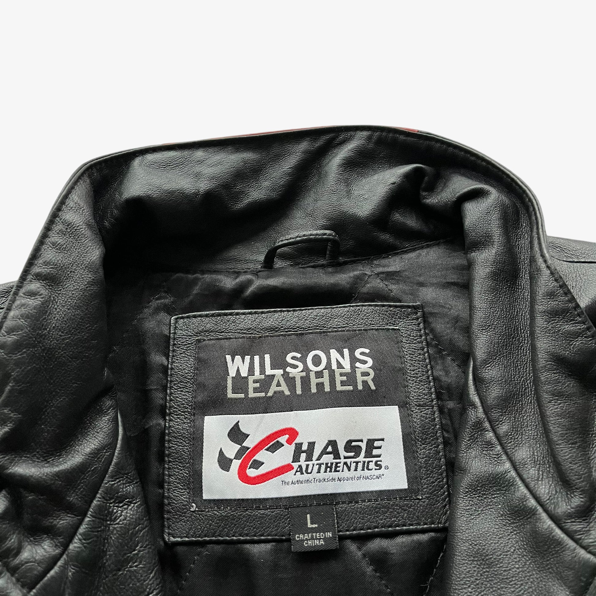 Vintage 90s Mens Wilsons Chase Authentics Dale Earnhardt Jr Budweiser NASCAR Leather Jacket Label - Casspios Dream