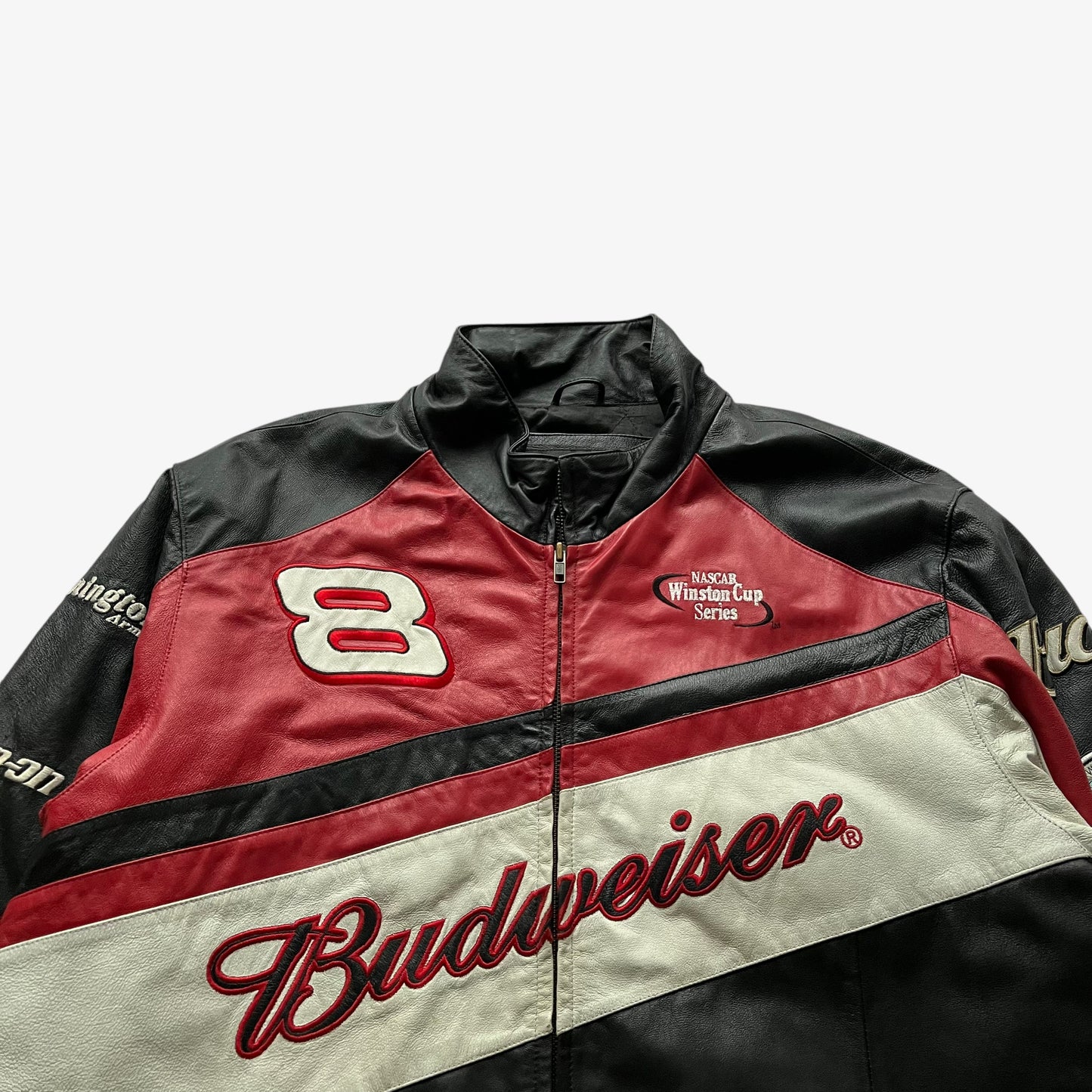 Vintage 90s Mens Wilsons Chase Authentics Dale Earnhardt Jr Budweiser NASCAR Leather Jacket Spell Out - Casspios Dream